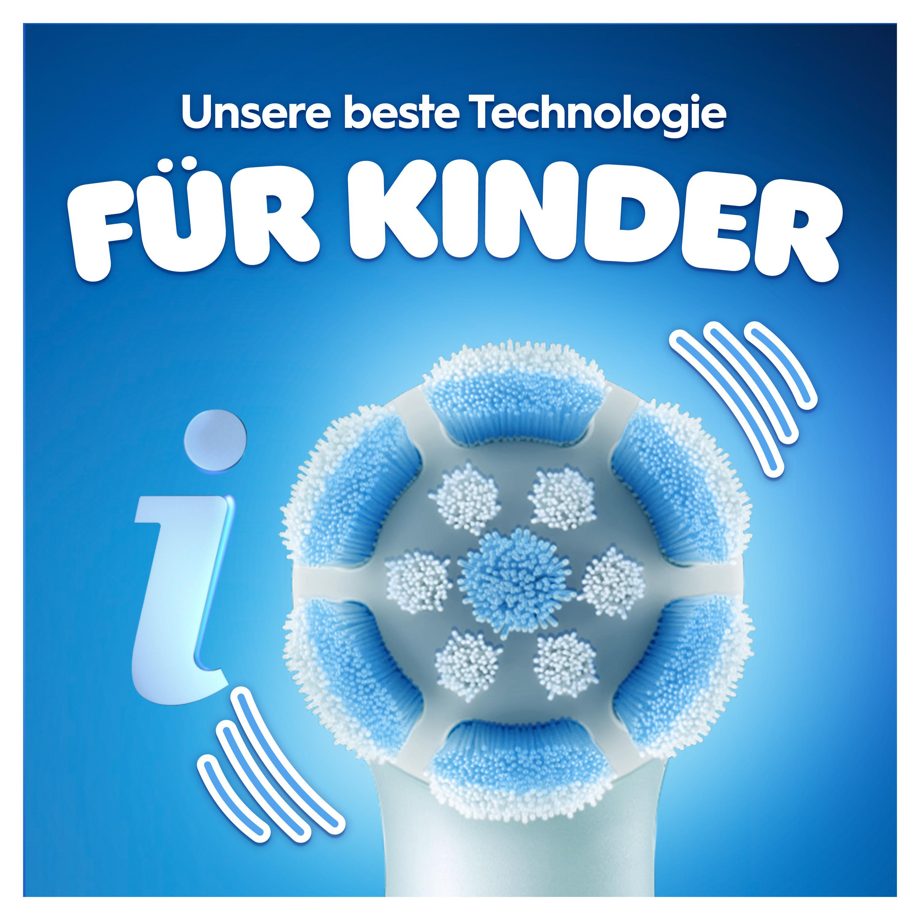 Bild eines Zahnbürstenkopfes mit blauen und weißen Borsten. Text: Unsere beste Technologie für Kinder.