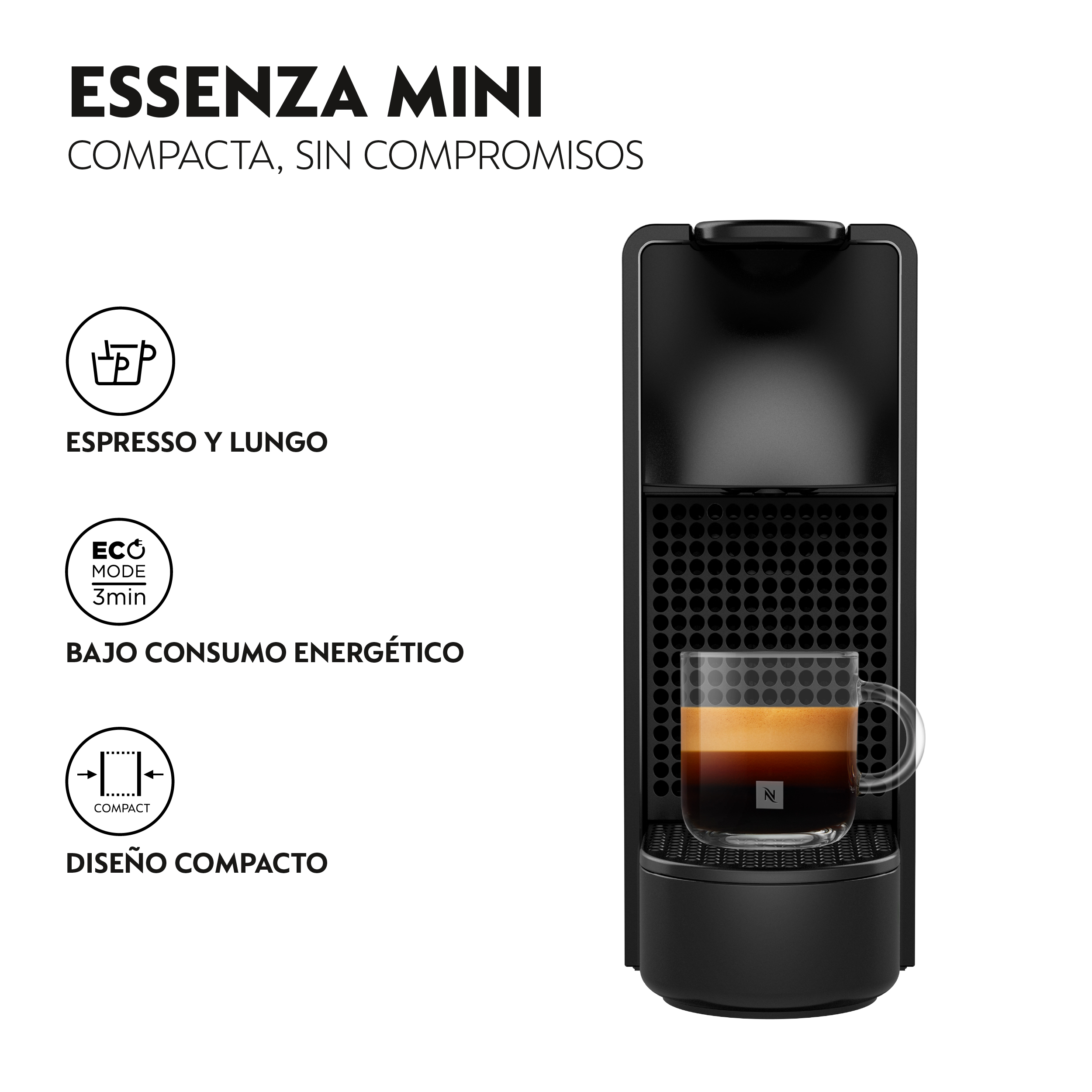 Máquina de espresso negra con una taza de café, y texto sobre diseño compacto y eficiencia energética.