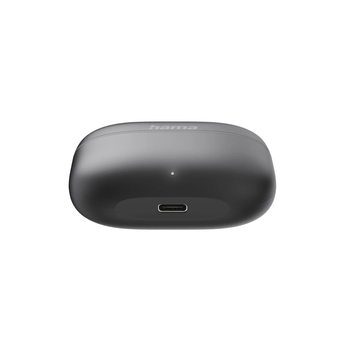 Egy zárt, sötétszürke Hama töltőtok fülhallgatókhoz. Alul USB-C porttal, felül Hama logóval.