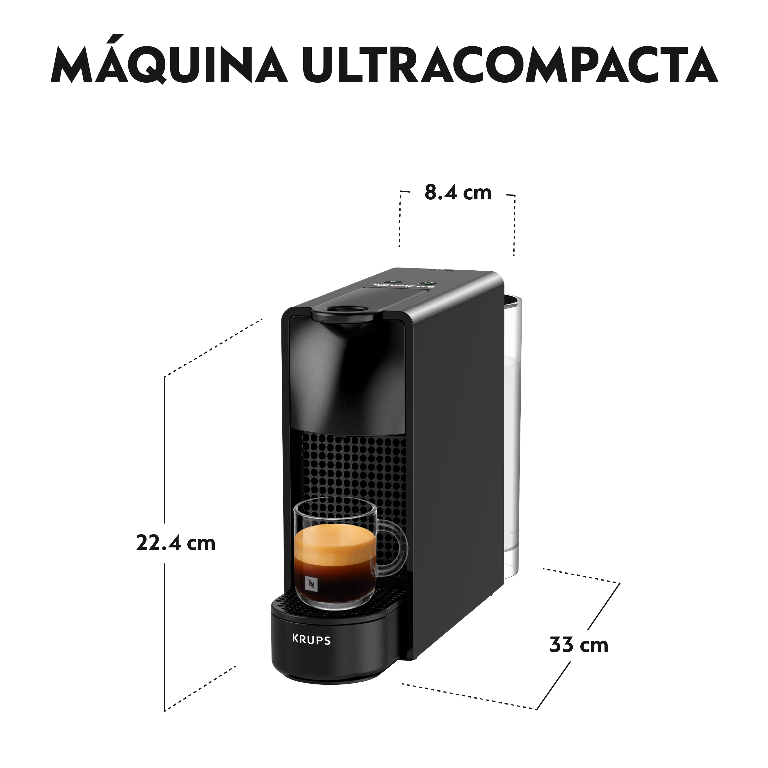 Una cafetera negra con una taza de café sobre fondo blanco. Se proporcionan dimensiones.