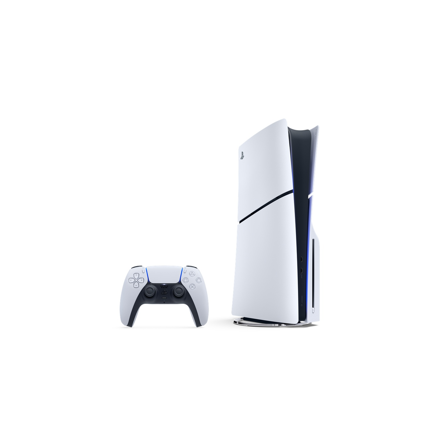 A white Playstation 5 console and controller on a white background. The console is vertical, controller is horizontal.