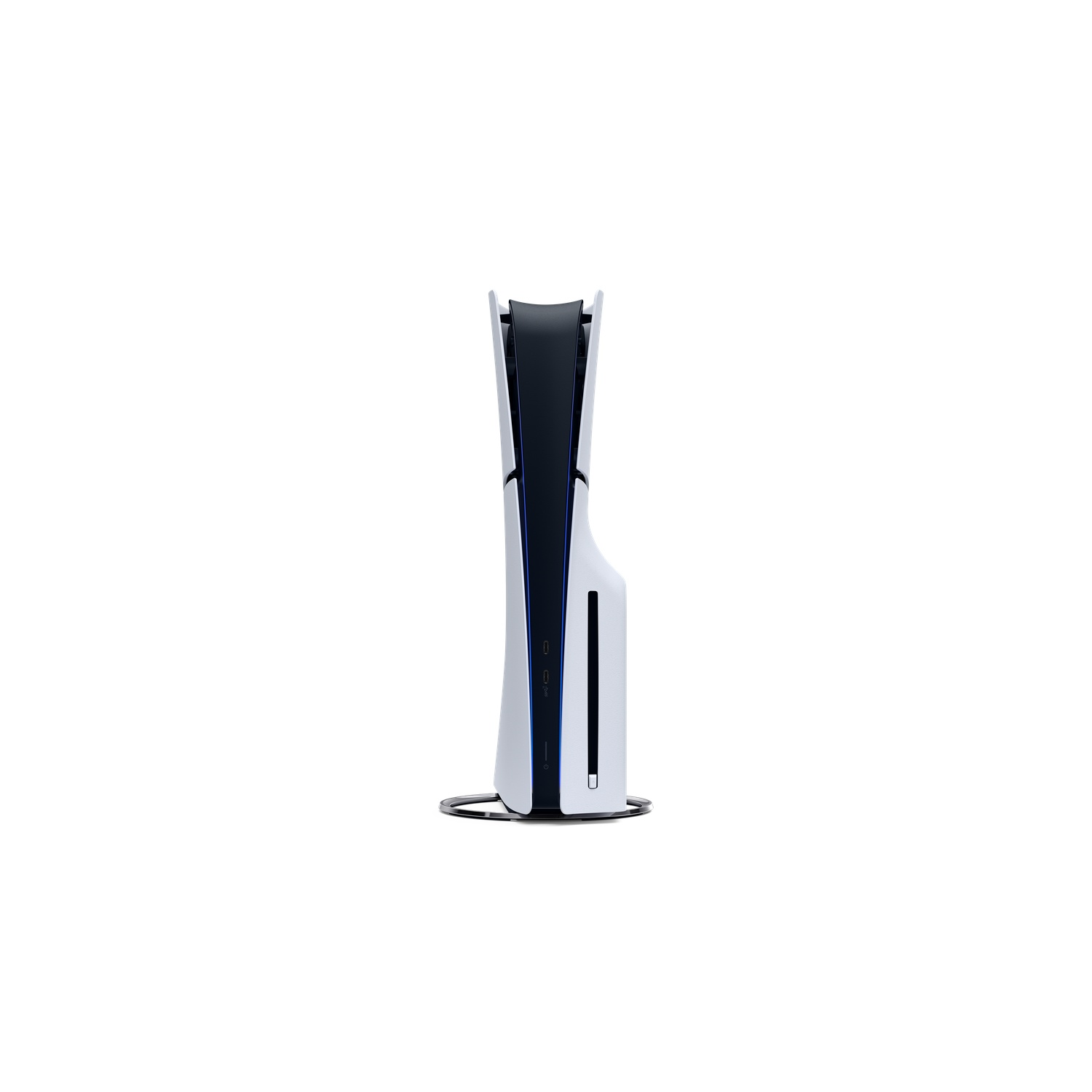 A white PlayStation 5 console stands vertically. It has black accents and a silver stand. The background is plain white.