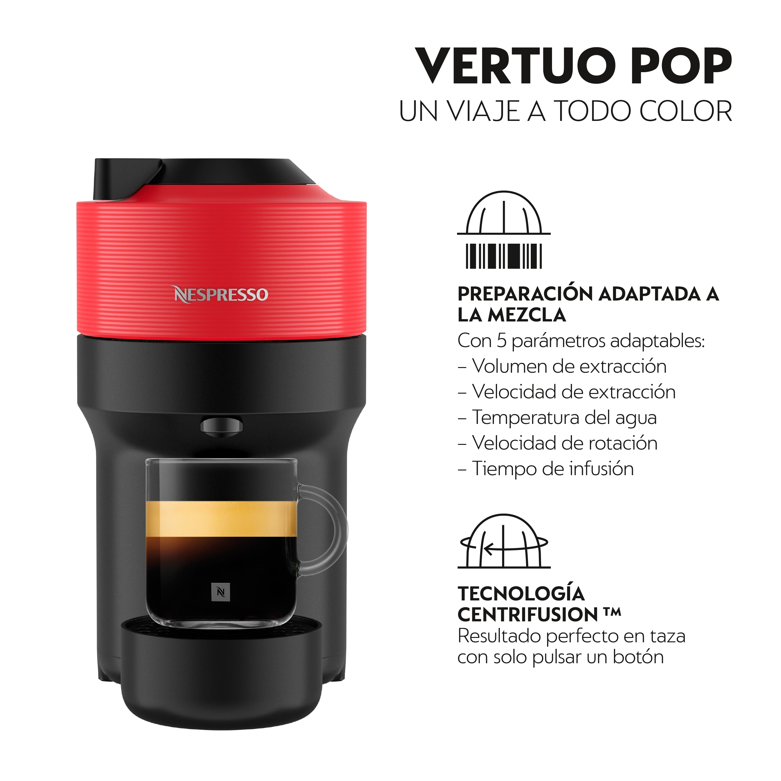 Una máquina Nespresso Vertuo Pop roja y negra con una taza de café de vidrio. El texto describe características y tecnología.