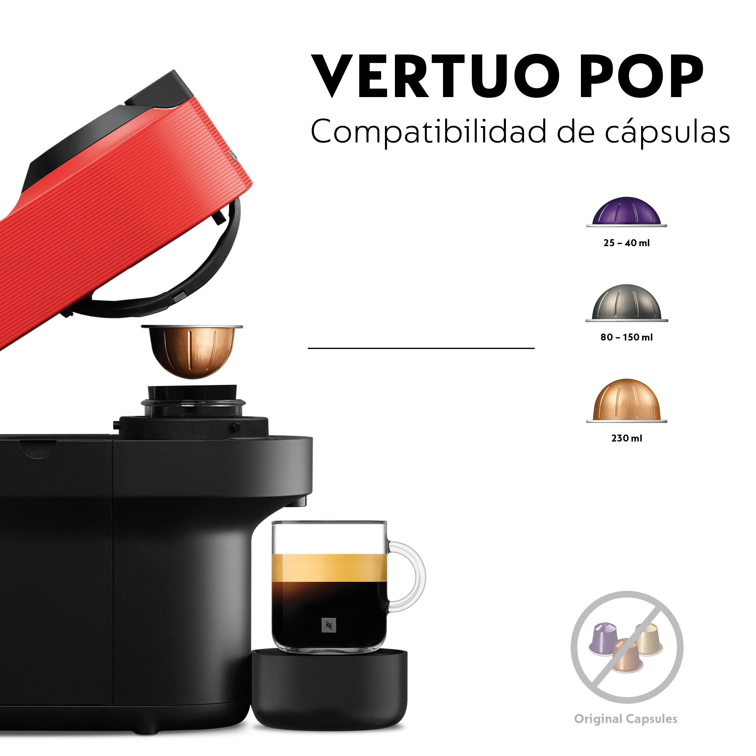 Una cafetera Vertuo Pop roja y negra con cápsulas de café y una taza de café. El texto indica compatibilidad de cápsulas.