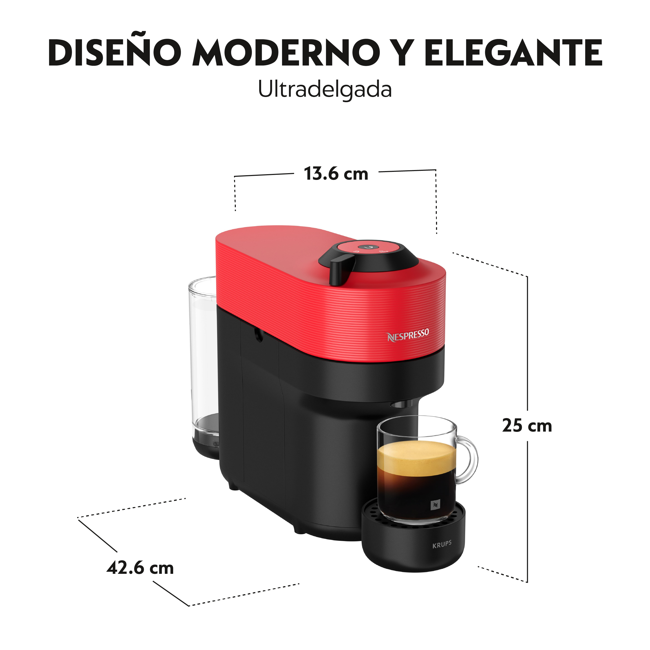 Cafetera Nespresso roja y negra con un vaso de café. Se muestran las dimensiones.