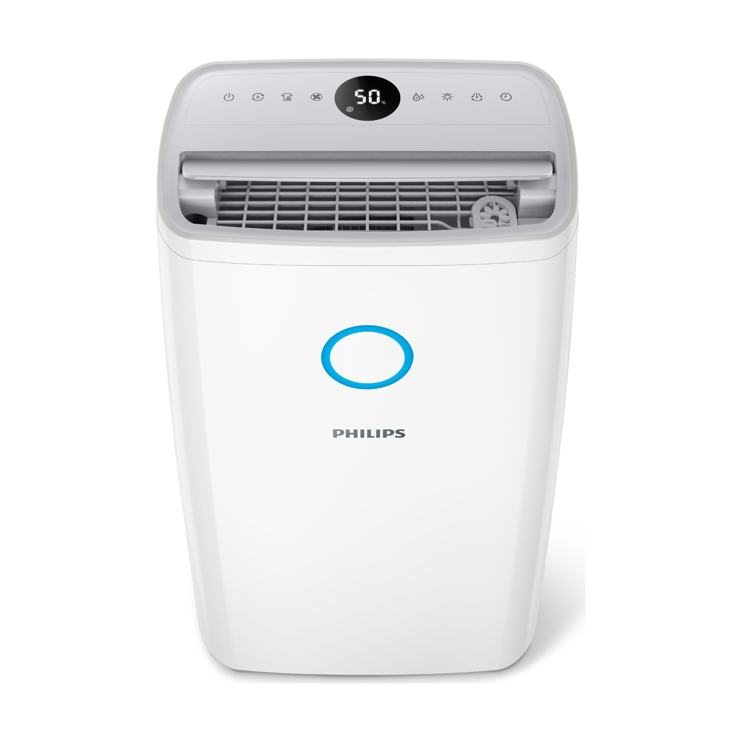 Purificatore d'aria Philips bianco. Ha un display digitale che mostra '50'. Cerchio blu e logo Philips sul davanti.