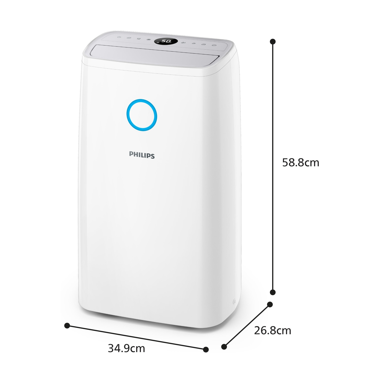 Deumidificatore Philips bianco con display digitale. Dimensioni: 34,9 cm larghezza, 26,8 cm profondità e 58,8 cm altezza.