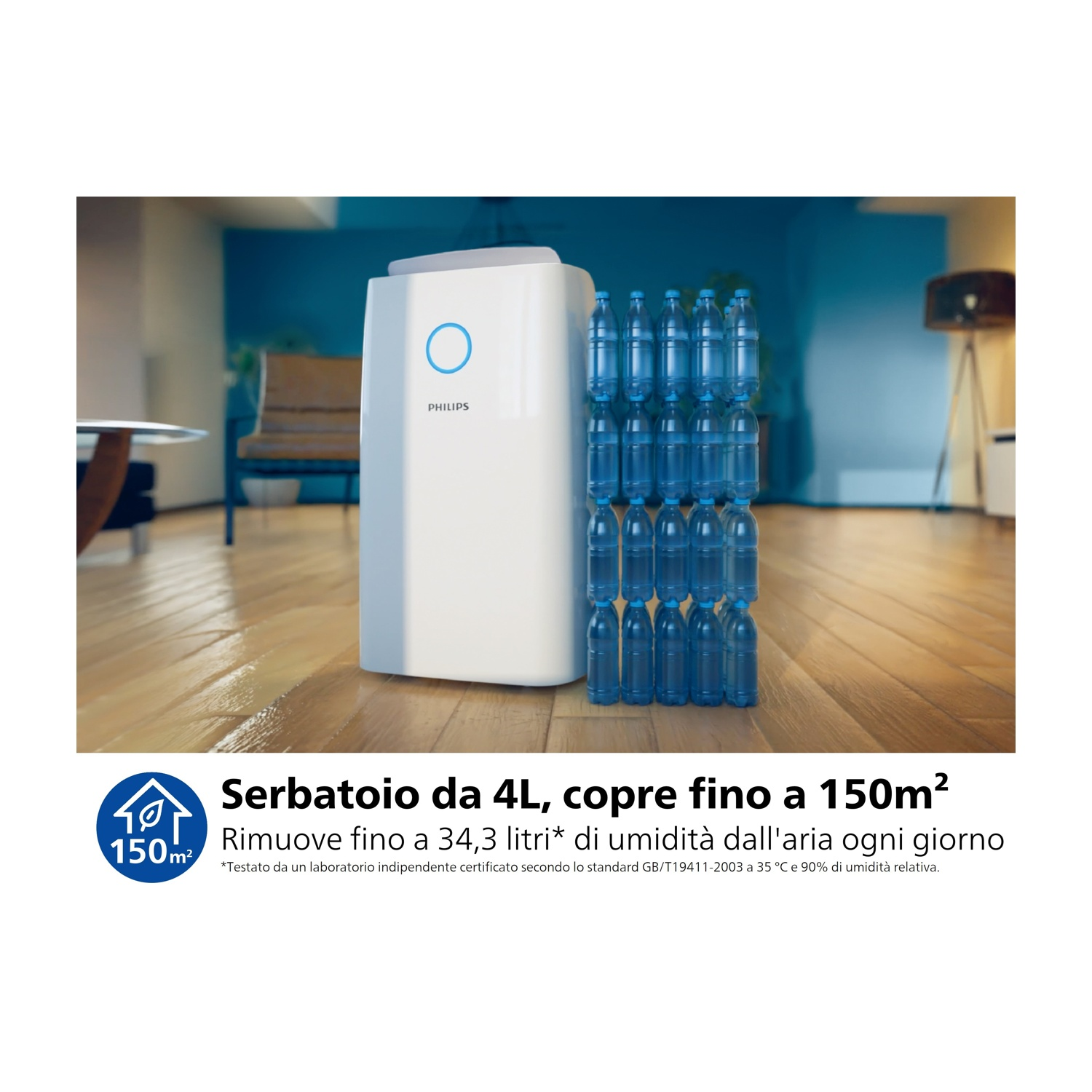 Un purificatore d'aria Philips bianco con un cerchio blu. Una pila di bottiglie d'acqua a destra. Testo: Serbatoio da 4L, copre fino a 150m².