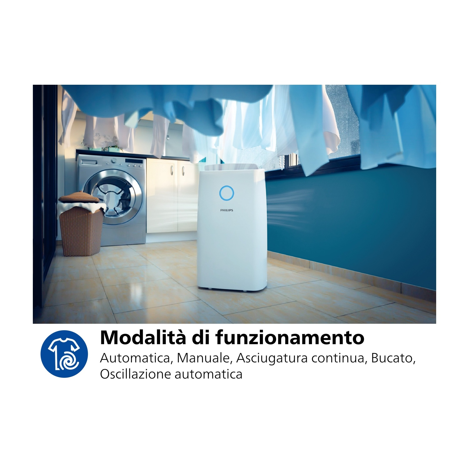 Un purificatore d'aria bianco si trova in una stanza con una lavatrice e panni stesi. Sono visibili anche un muro blu e un pavimento piastrellato.