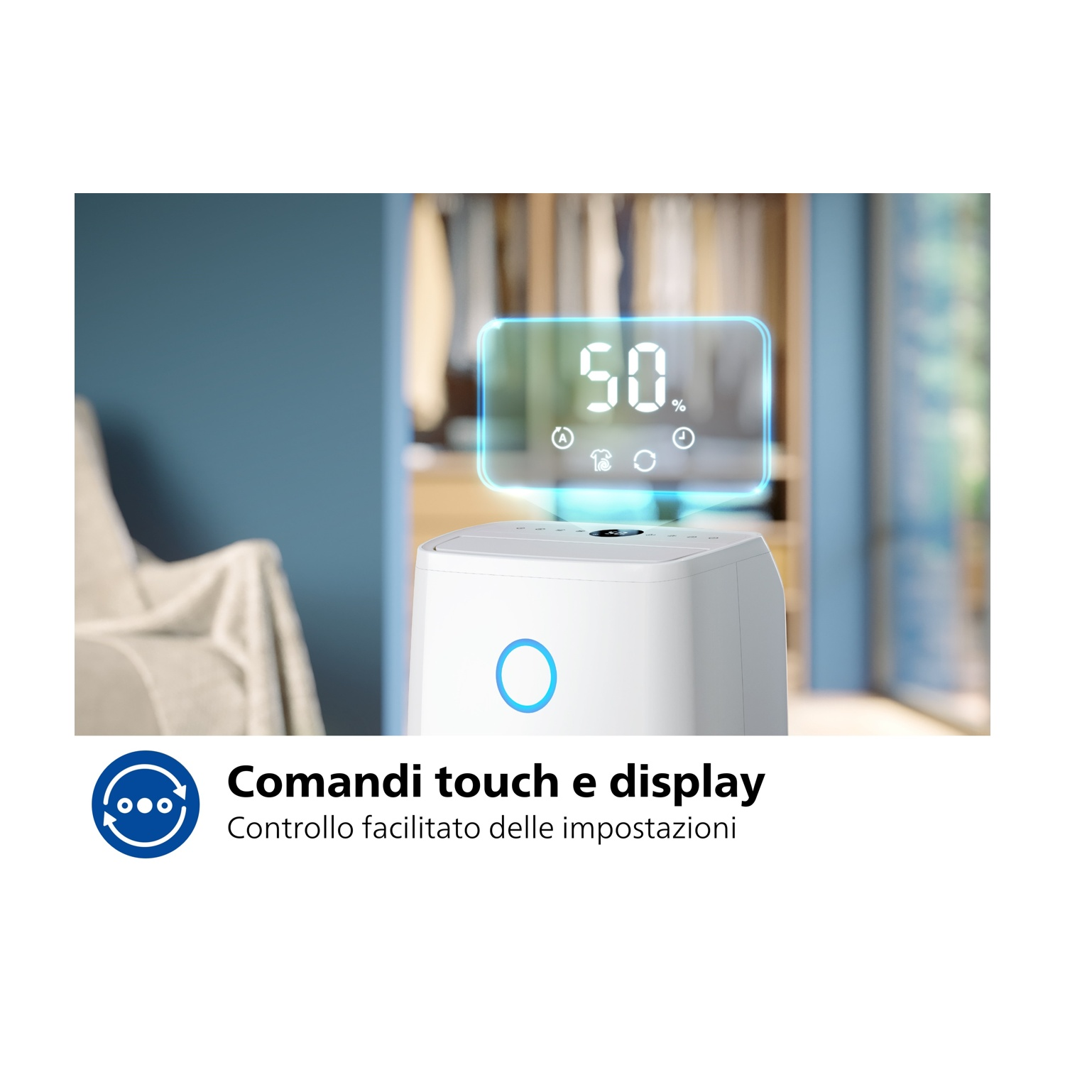 Purificatore d'aria bianco con luce blu, che mostra 50%. Testo: 'Comandi touch e display' e 'Controllo facilitato delle impostazioni'.