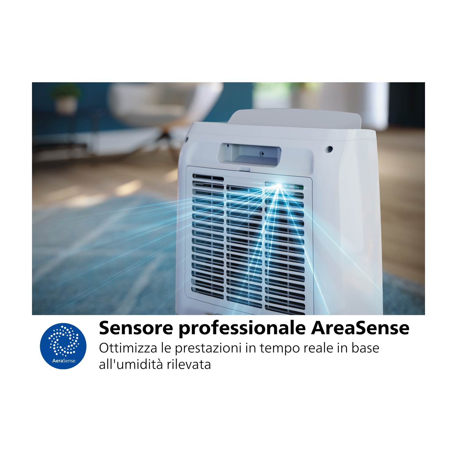 Purificatore d'aria bianco con linee blu che si irradiano dal retro. Testo: 'Sensore AreaSense professionale' in italiano.