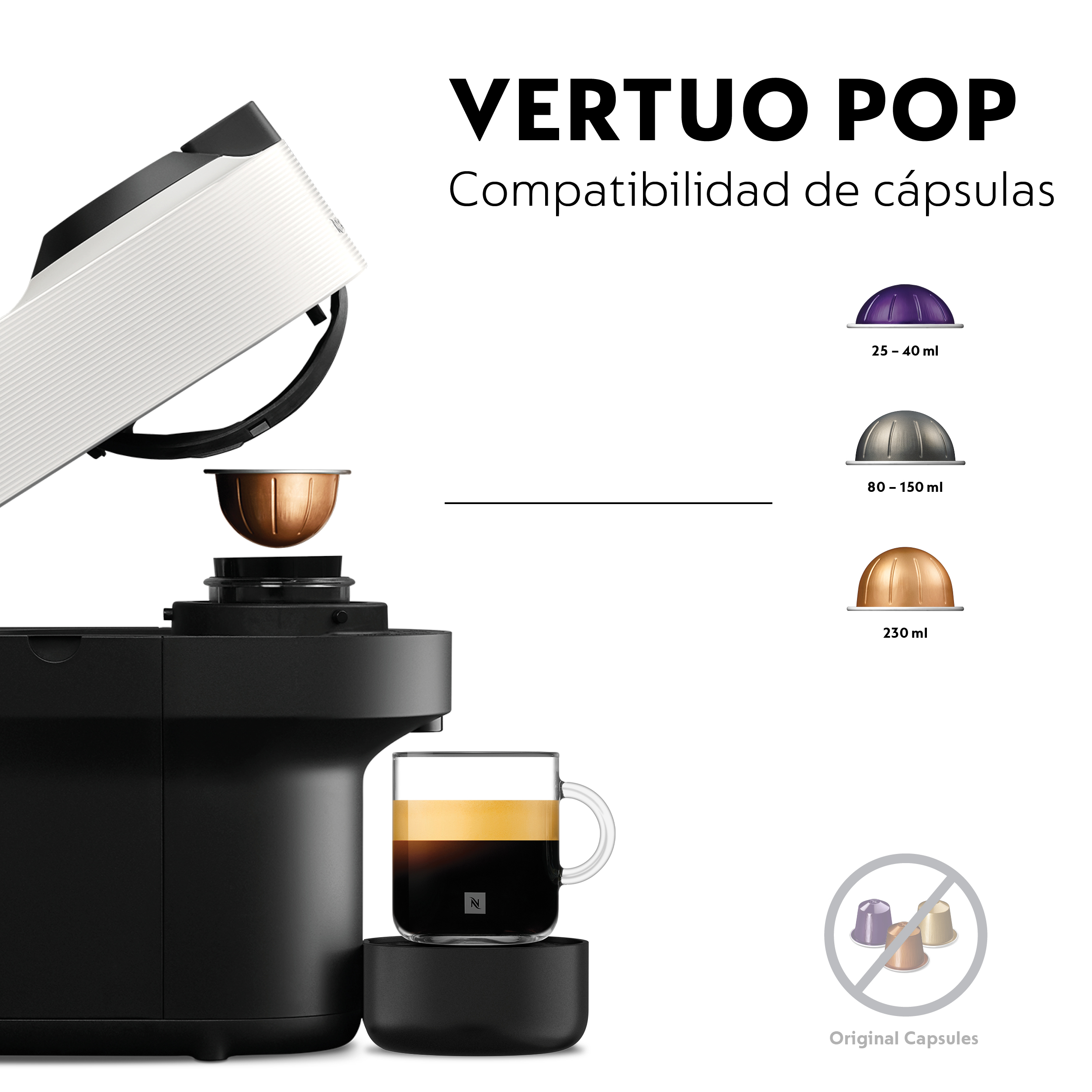 Una cafetera Vertuo Pop en blanco y negro con una taza de café y cápsulas. El texto indica la compatibilidad de las cápsulas.