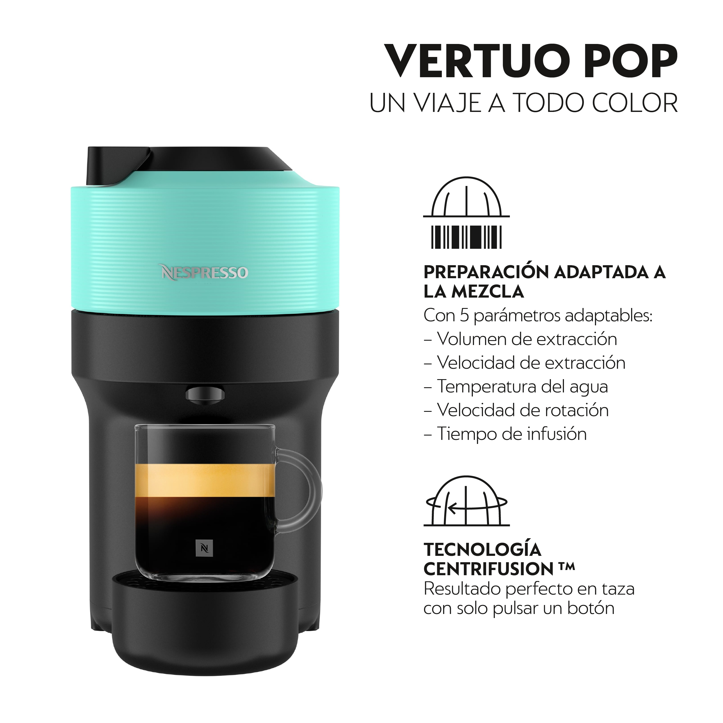 Una cafetera Nespresso Vertuo Pop turquesa y negra con un vaso de café. El texto en español describe las características.