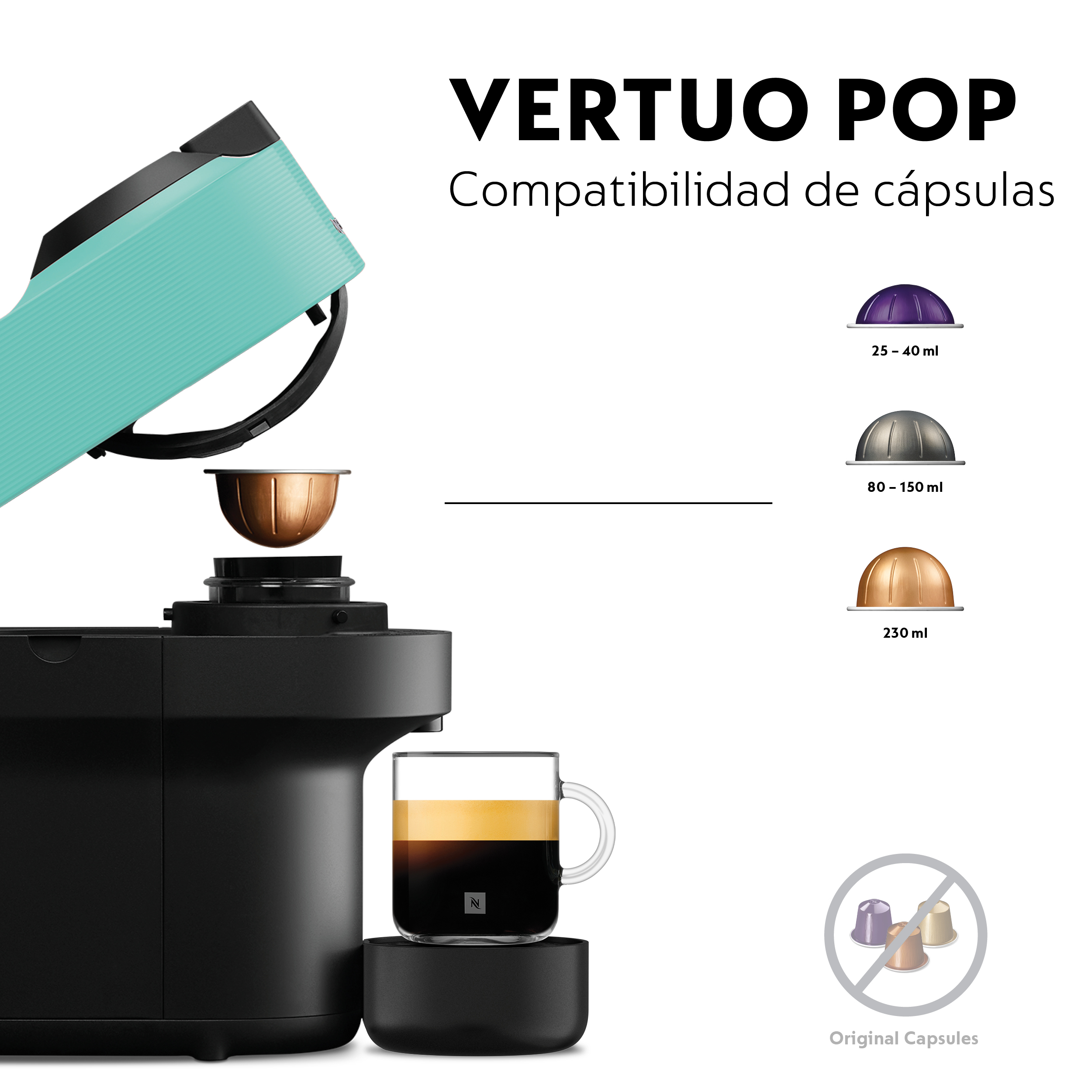 Máquina Nespresso Vertuo Pop con cápsulas y una taza de café. La máquina es negra y turquesa.