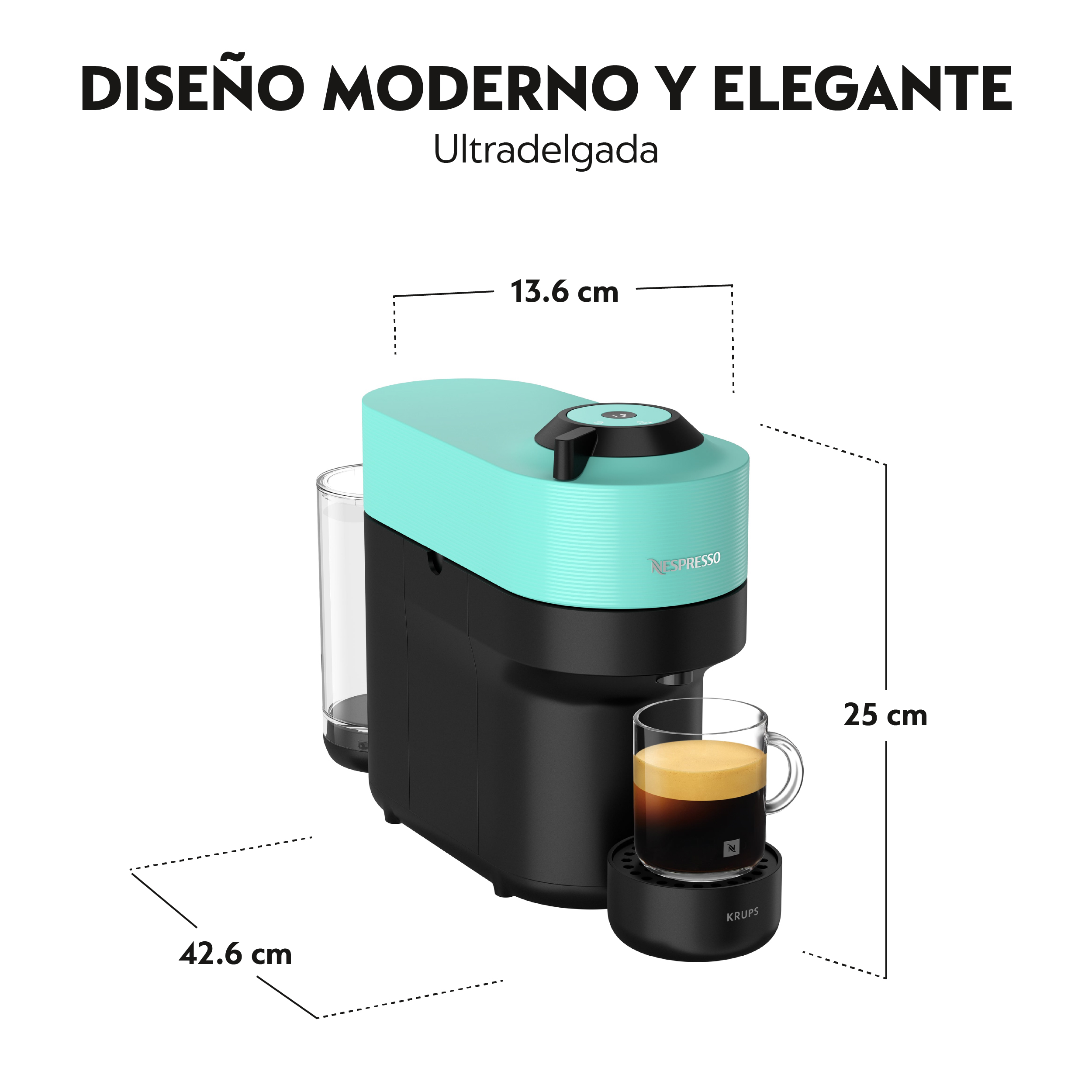 Una cafetera Nespresso. Es negra y turquesa, con una taza de café a la derecha.