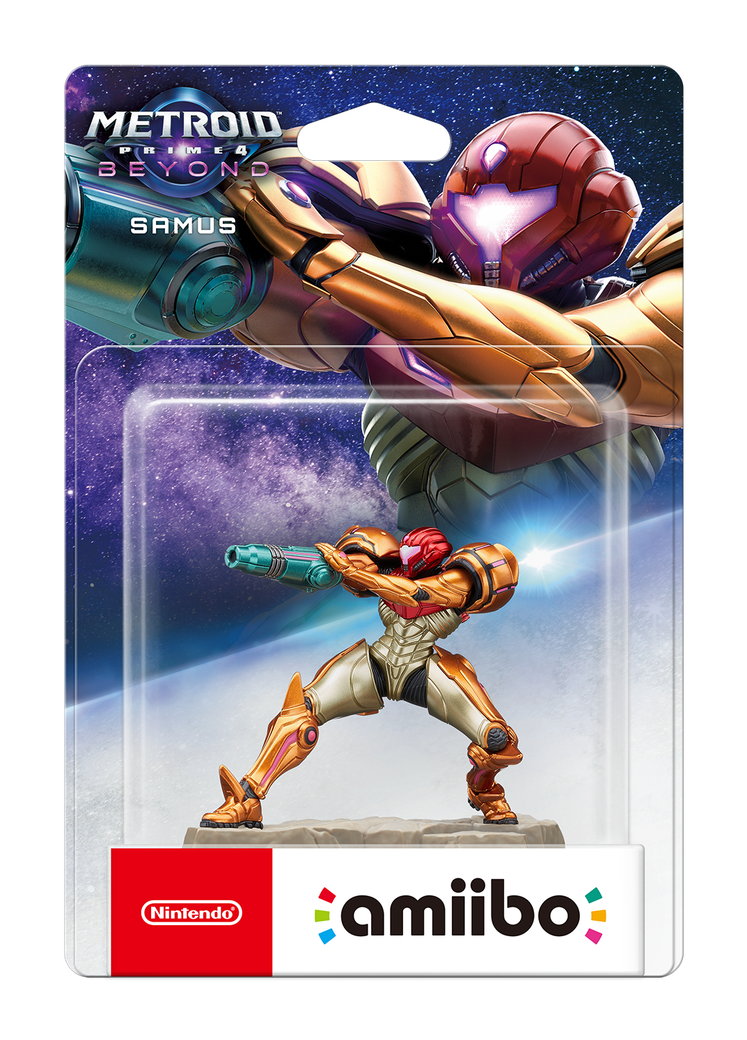 Samus-Actionfigur in einer Metroid Prime 4-Verpackung. Sie trägt eine goldene Rüstung und zielt mit einer Waffe. Der Hintergrund zeigt Weltraum und eine riesige Samus.