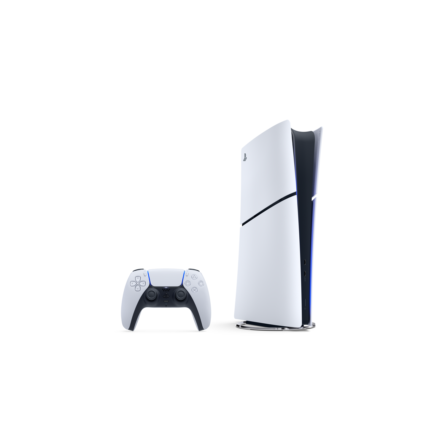 A white PlayStation 5 console and controller on a black background. The console is vertical and the controller is horizontal.