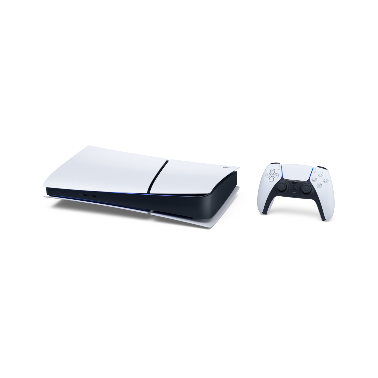 A white PlayStation 5 console and controller are on a black background. The console is horizontal. The controller is on the right.