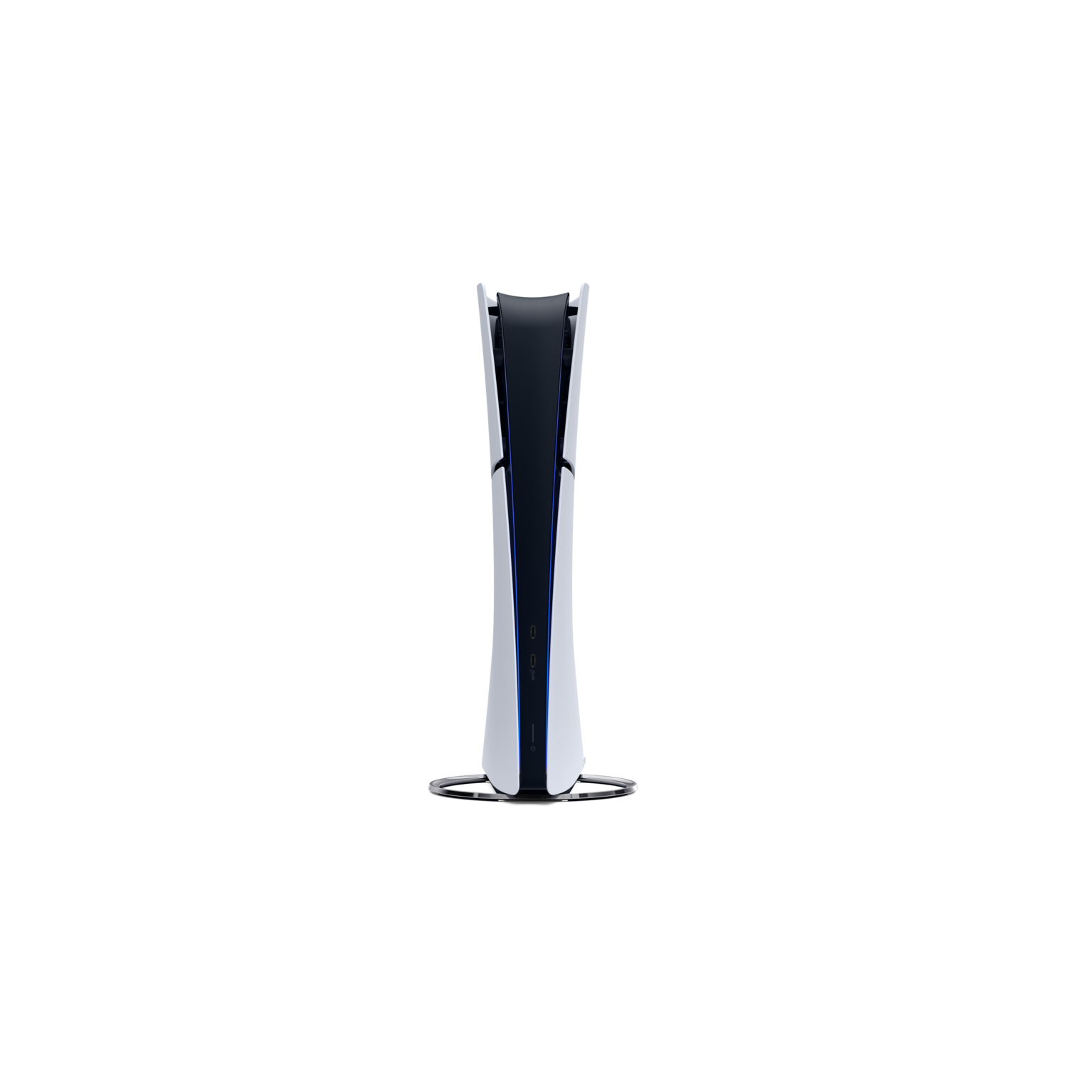 A vertical PlayStation 5 console, white with black accents, stands on a chrome stand, set against a black background.