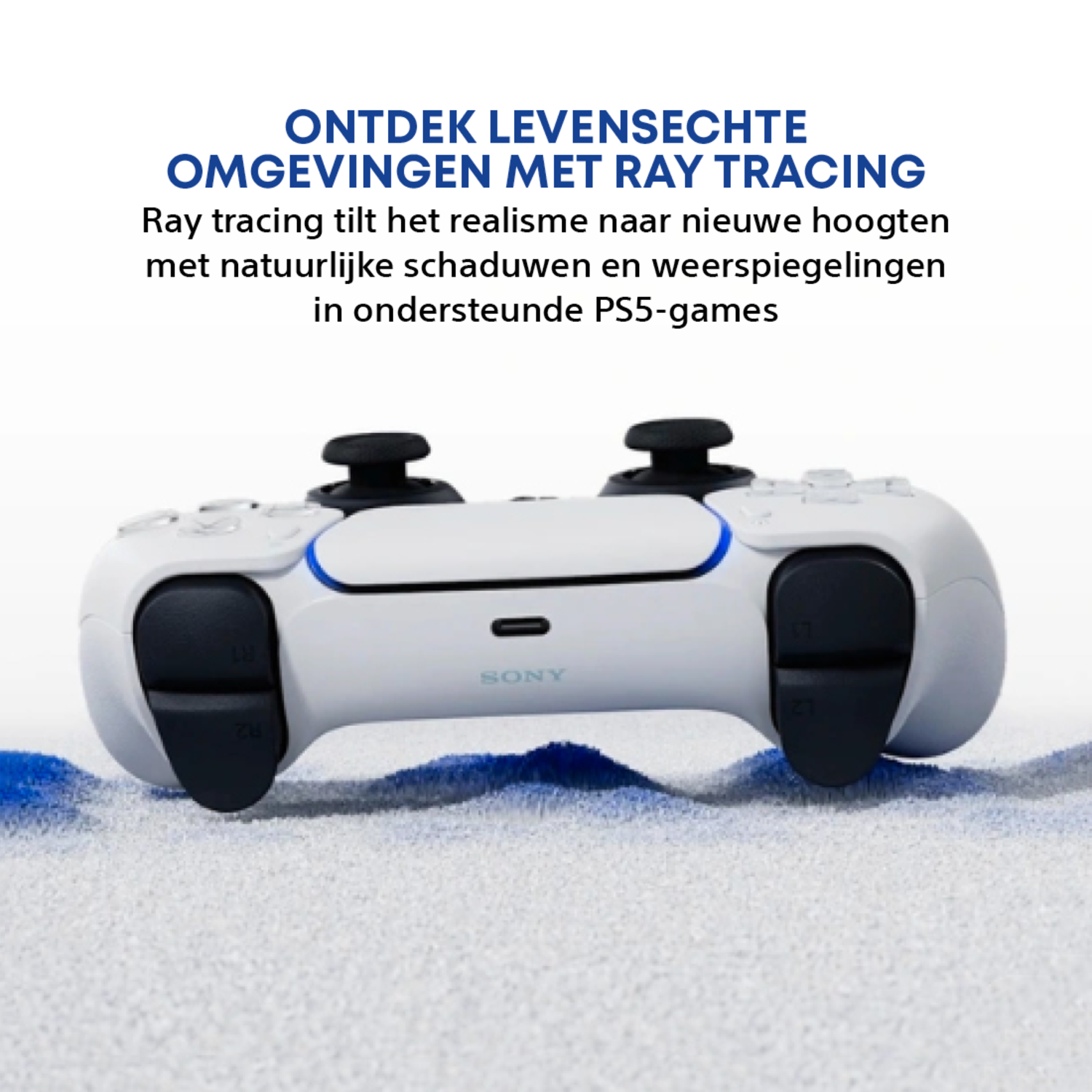 White PS5 controller with black buttons and blue accents, on a textured surface. The word SONY is visible.