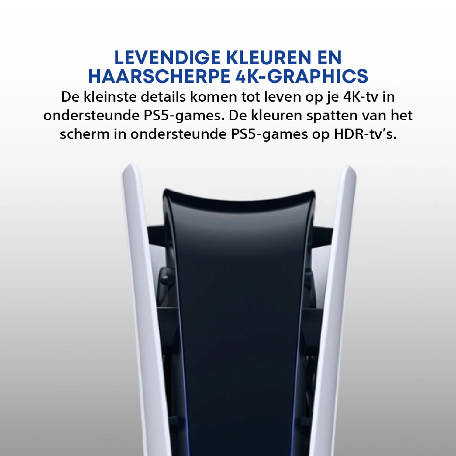 A PlayStation 5 console with white panels and a black center. Text at the top promotes vibrant colors and 4K graphics.