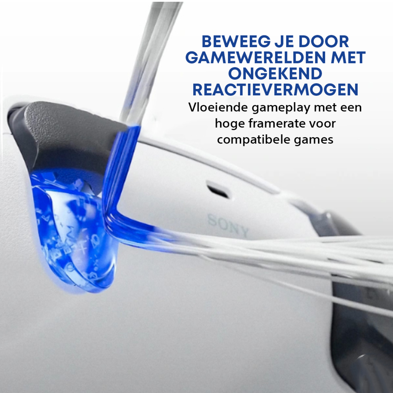 A close-up of a white game controller with blue liquid flowing over it. Text in Dutch promotes gaming with high framerates.