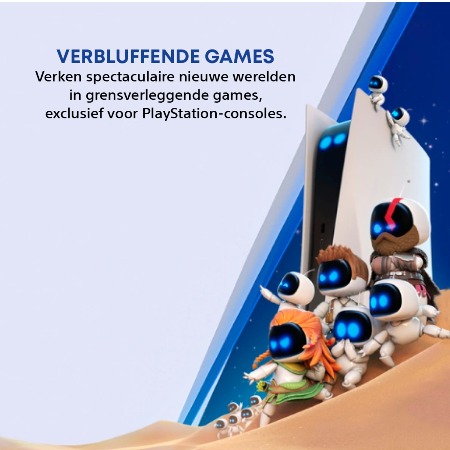 Image shows Astro Bot characters climbing a sand dune towards a PlayStation 5 console. Text reads 'VERBLUFFENDE GAMES'.