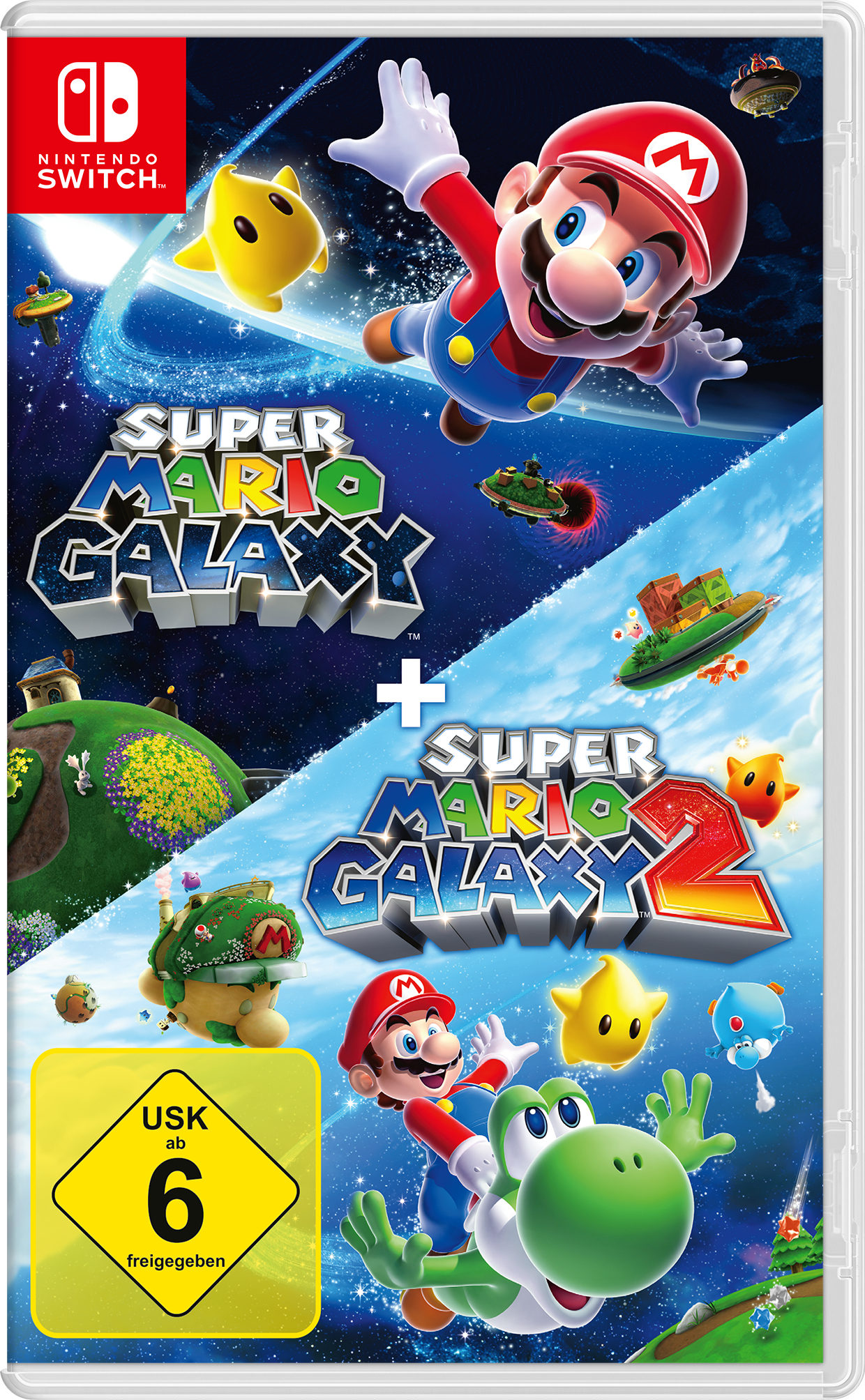 Super Mario Galaxy Spielcover. Mario im Weltraum. Yoshi, Sterne und Planeten werden gezeigt. Bewertung ist USK 6.