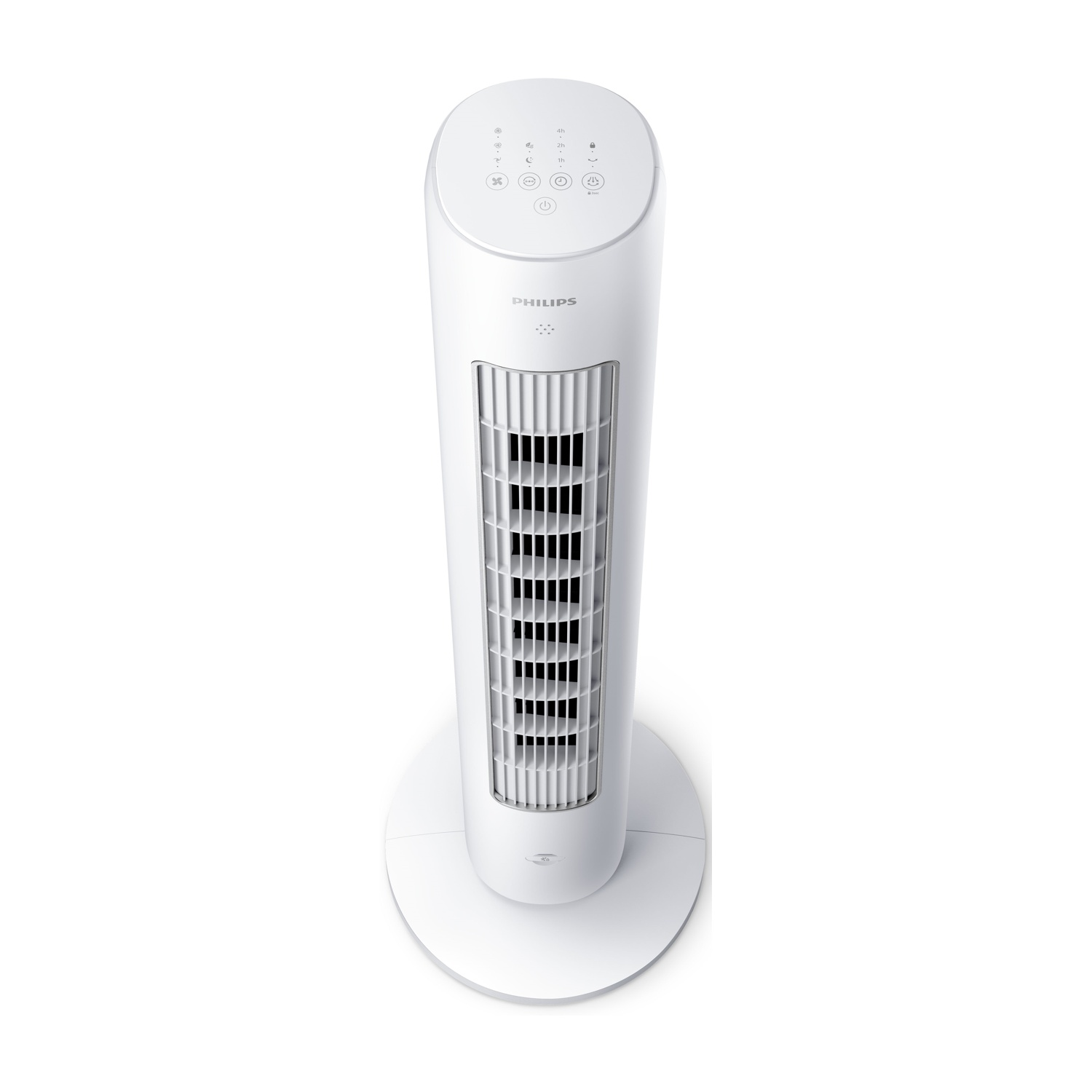 Un ventilatore a torre Philips bianco su una base bianca. Ha un pannello di controllo superiore con pulsanti. Le pale del ventilatore sono visibili.