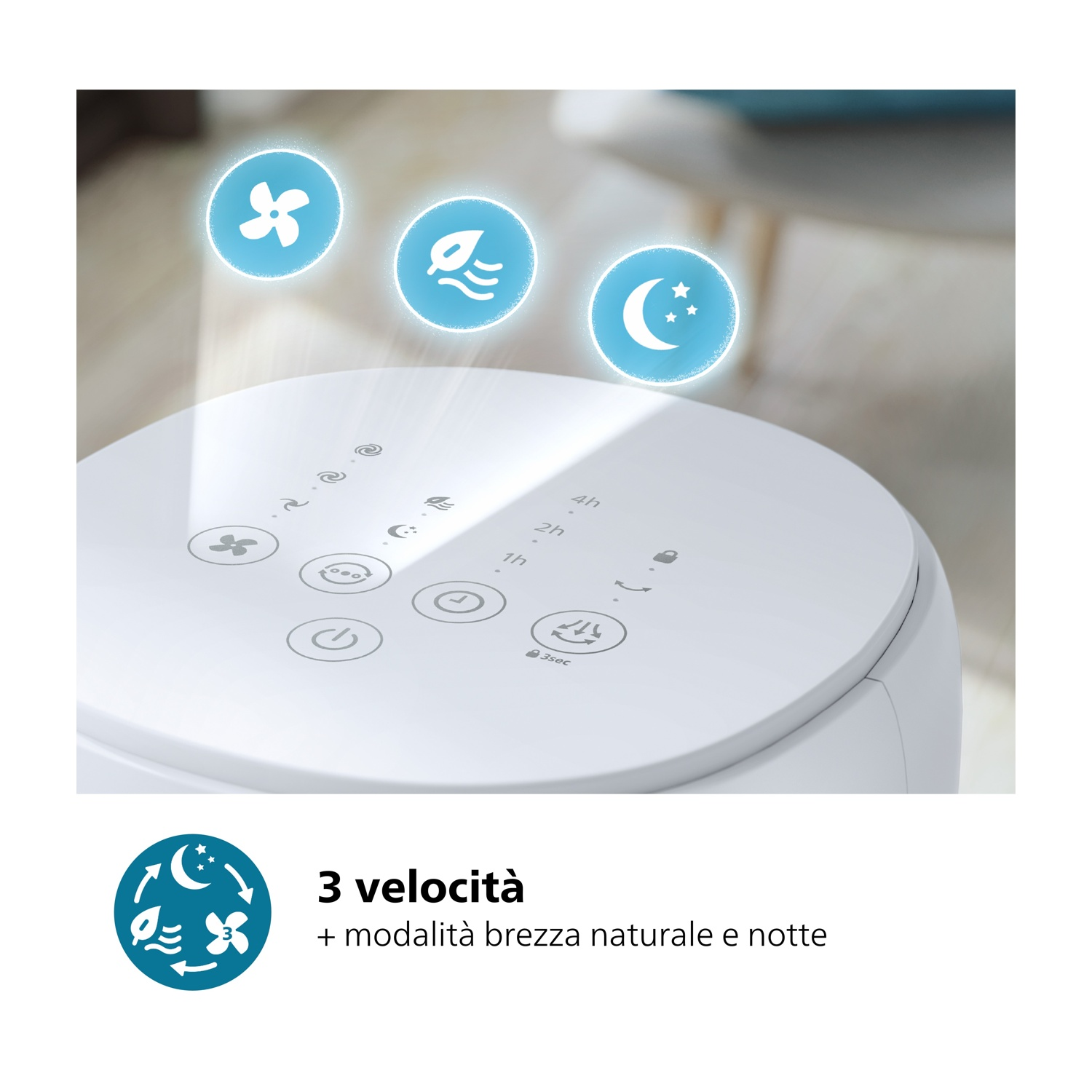 Purificatore d'aria bianco con tre impostazioni: ventola, foglia e luna. Comandi in alto. Testo: '3 velocità + brezza naturale e notte'.