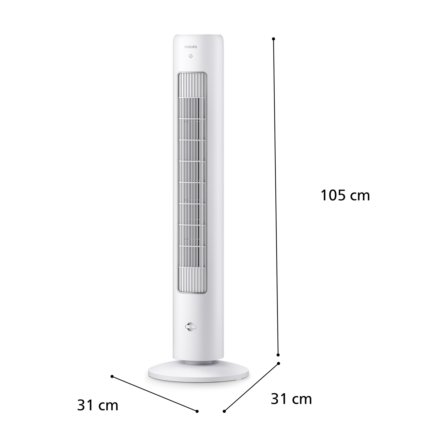 Un ventilatore a torre Philips bianco. È alto 105 cm e largo 31 cm. Le dimensioni sono indicate con linee e misure.