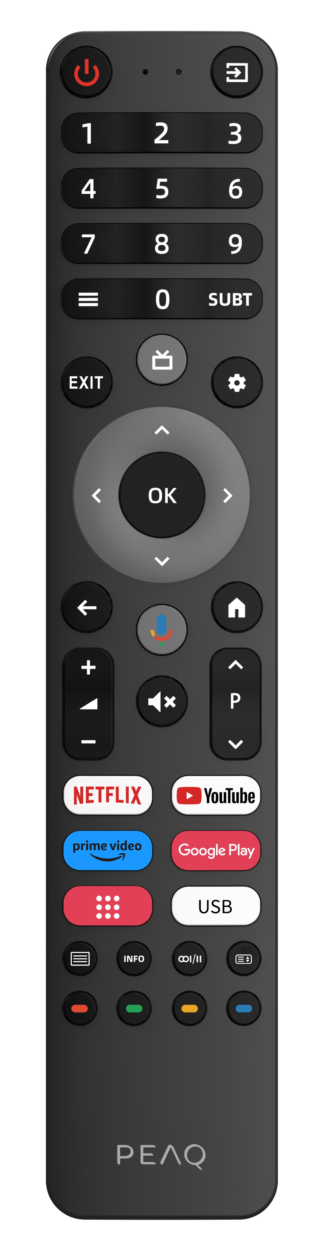 Czarny pilot z numerami, przyciskami i logotypami serwisów streamingowych. Zawiera przyciski Netflix, YouTube i Google Play.