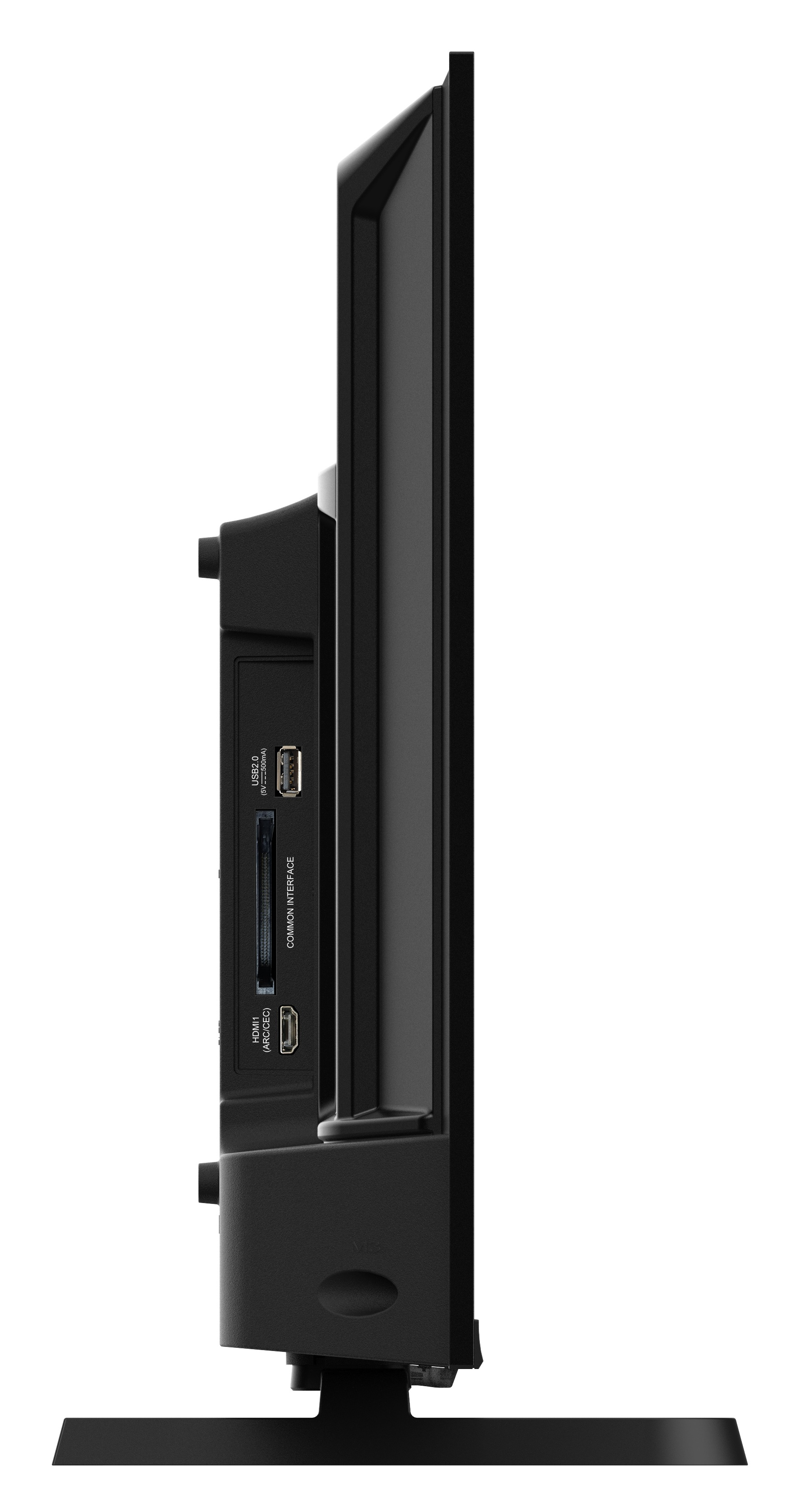 Widok z boku czarnego telewizora na stojaku. Widoczne porty: USB, Common Interface i HDMI. Białe tło.