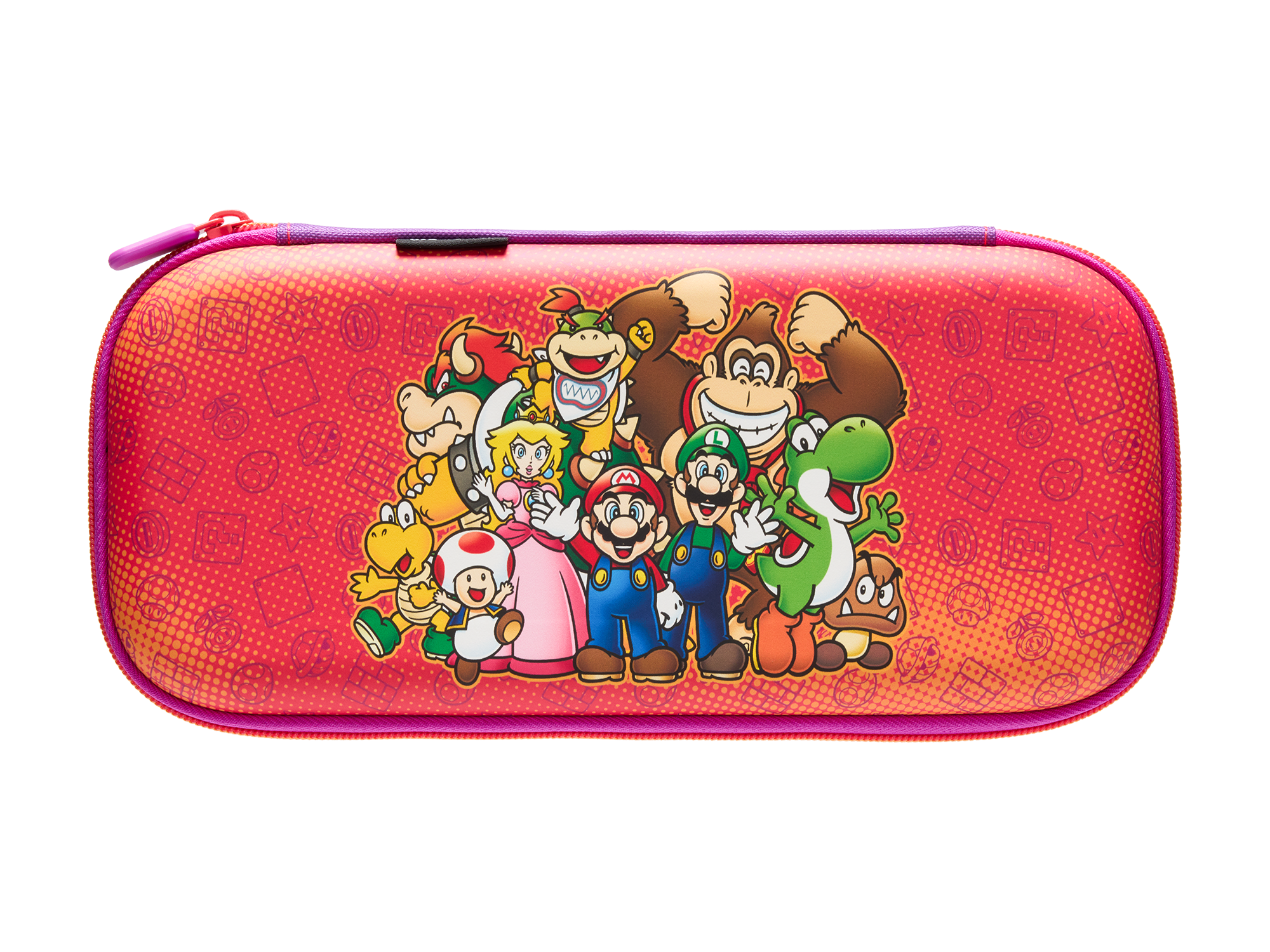 Eine rote Nintendo Switch-Hülle mit Mario-Charakteren. Zu den Charakteren gehören Mario, Luigi, Yoshi und Bowser. Die Hülle hat einen rosa Reißverschluss.