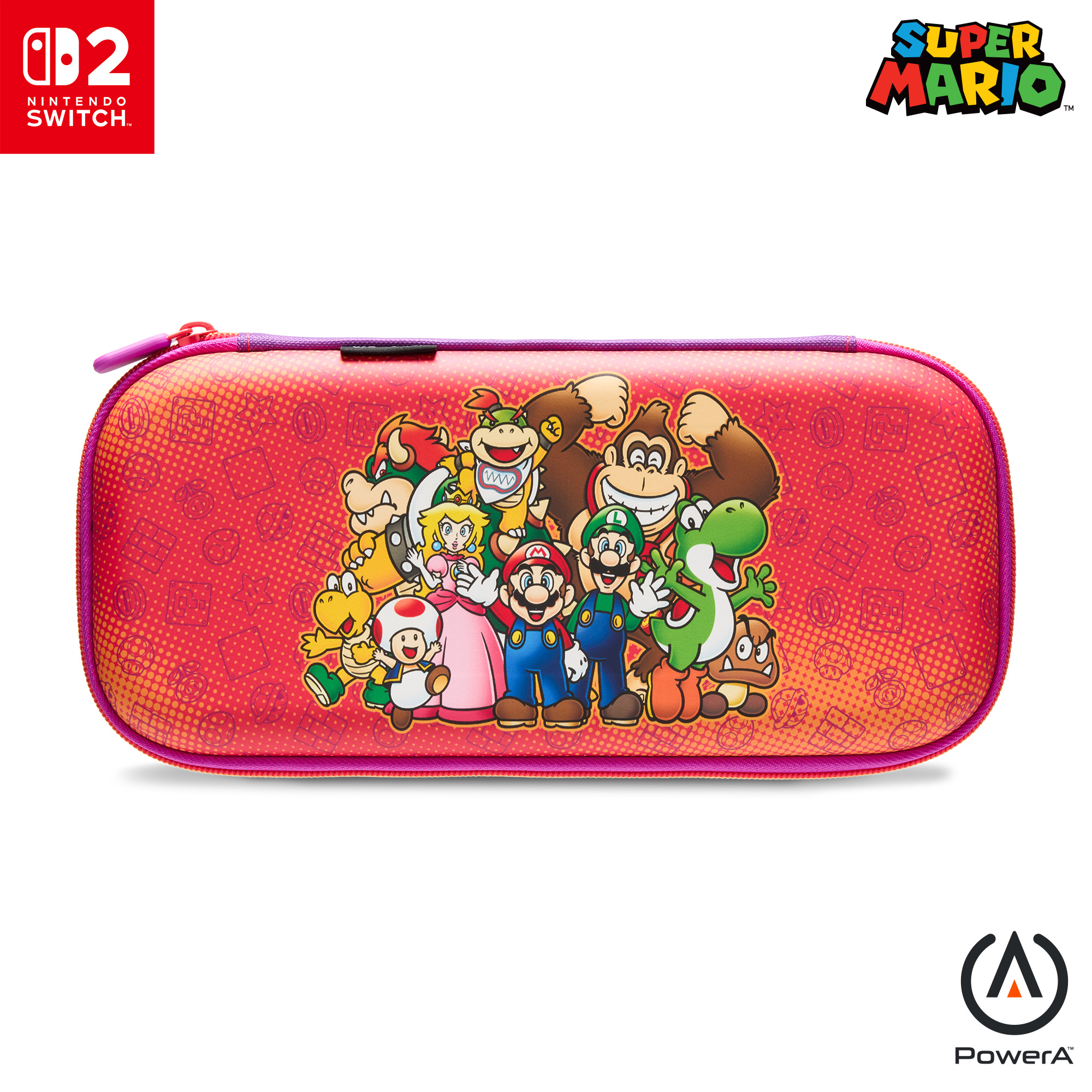 Nintendo Switch-Hülle. Rotes Etui mit Mario-Charakteren. Super Mario-Logo und PowerA-Logo. Weißer Hintergrund.