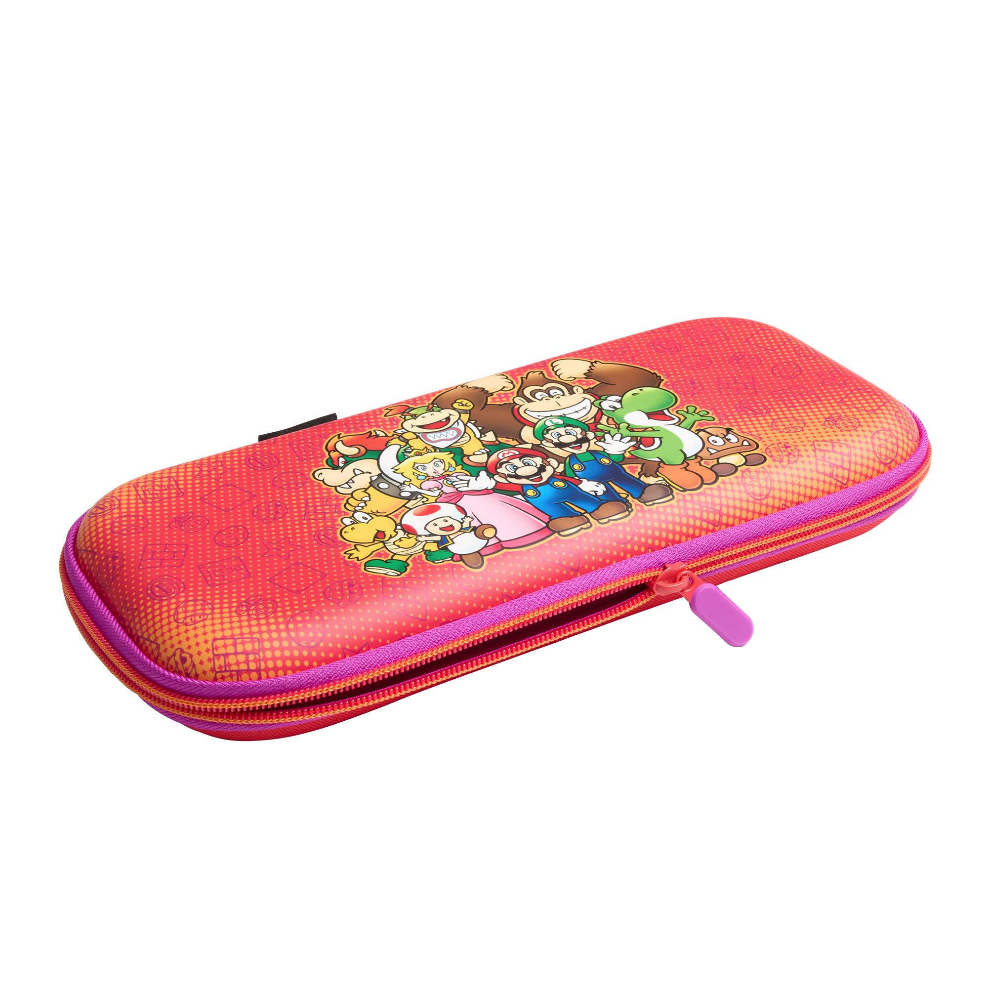 Rote Nintendo Switch-Hülle mit Mario-Charakteren. Mit pinkfarbenem Reißverschluss und weißem Hintergrund.
