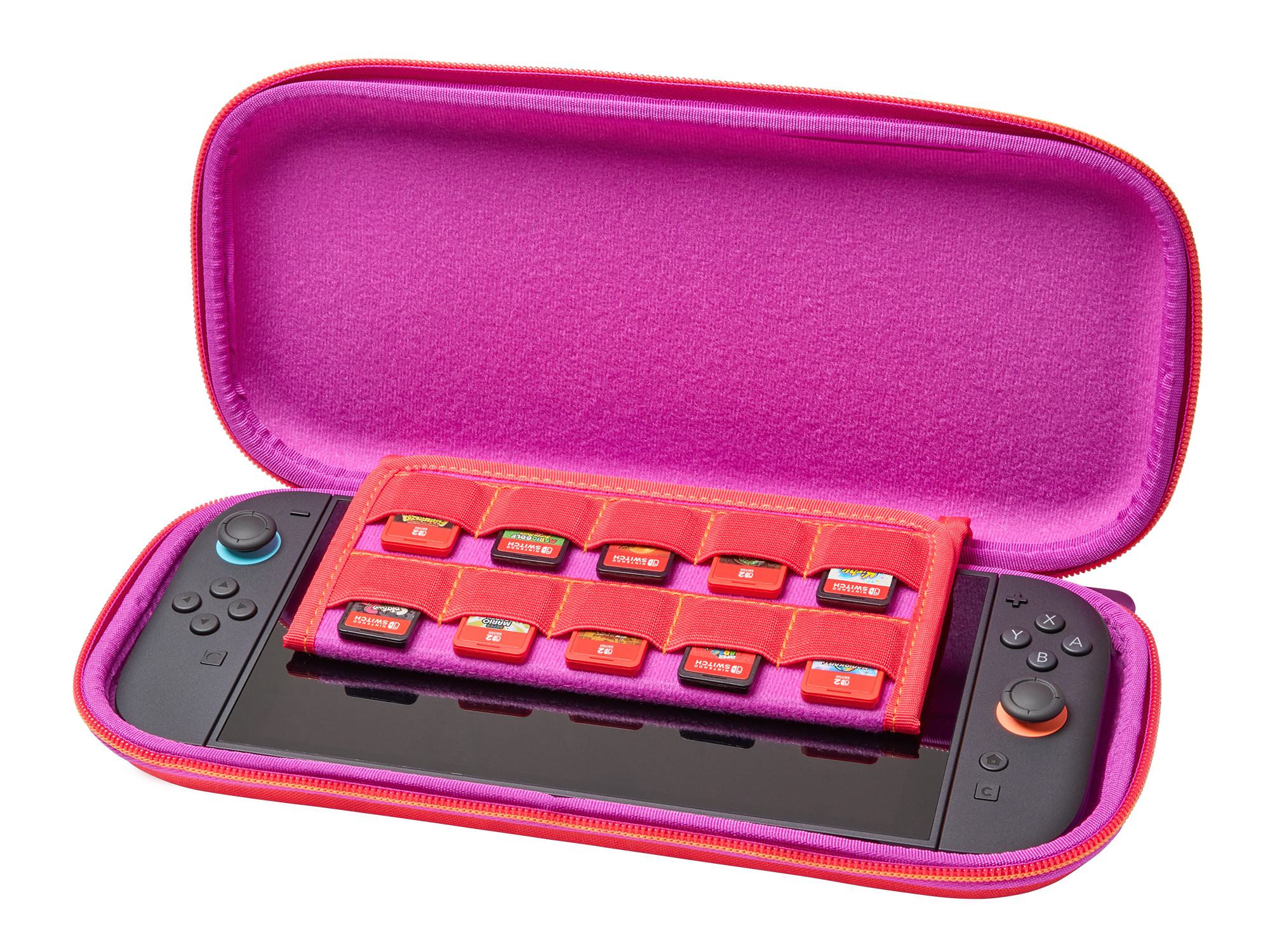 Eine pinke und rote Nintendo Switch-Tragetasche ist geöffnet und enthält die Konsole und Spielkassetten.