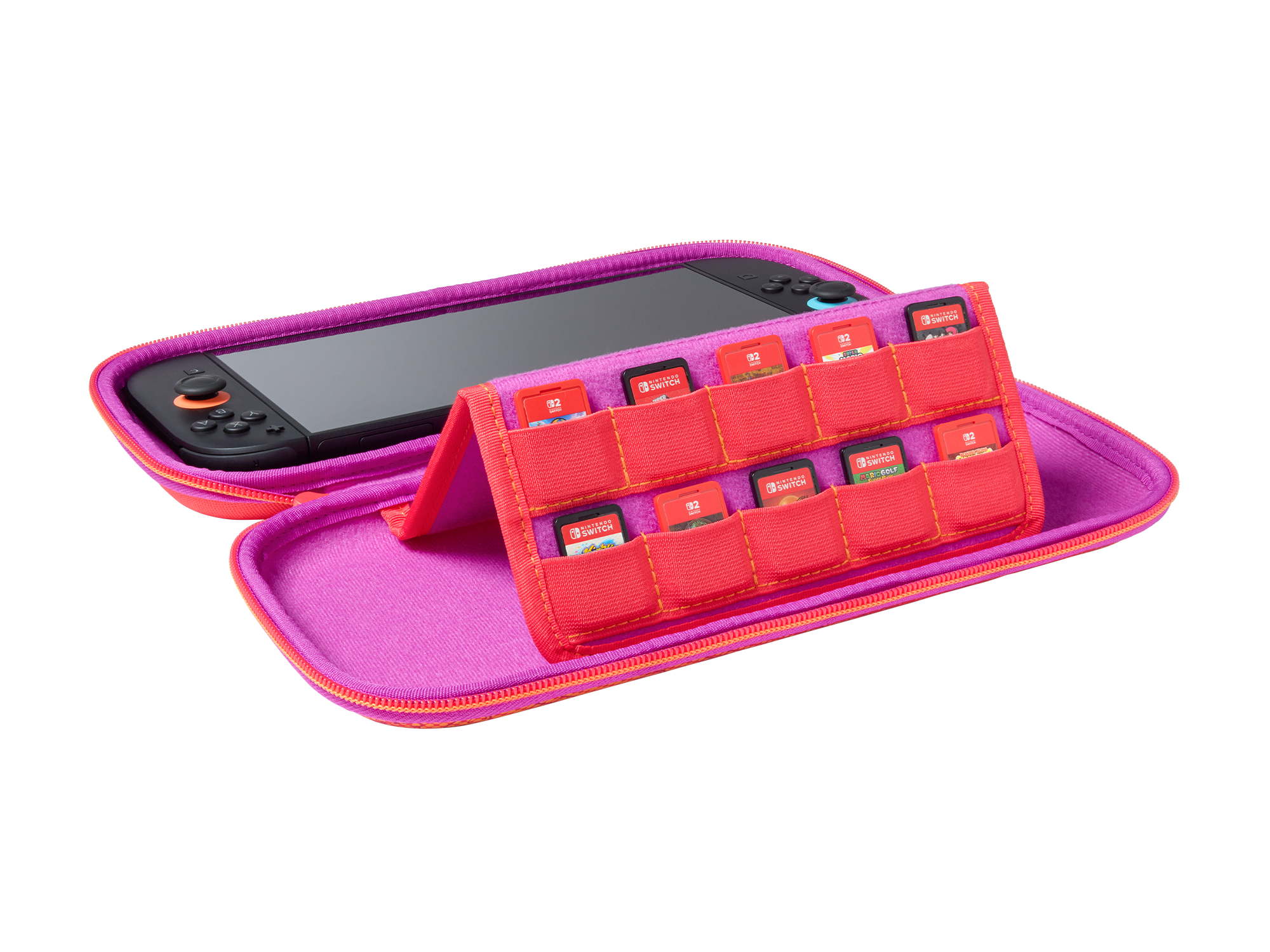 Eine pink-orangefarbene Nintendo Switch-Hülle, geöffnet mit einem Switch und Spielkassetten. Die Hülle befindet sich auf weißem Hintergrund.