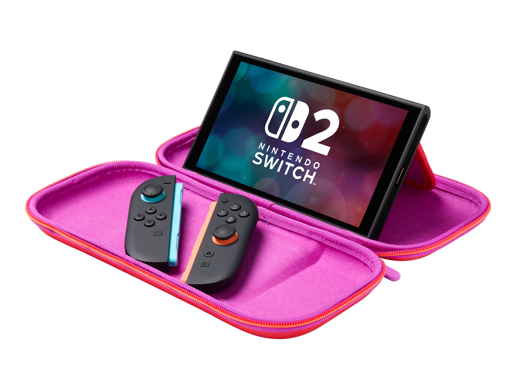 Nintendo Switch Konsole und Controller in einem rosa Tragekoffer. Der Bildschirm zeigt das Switch-Logo.