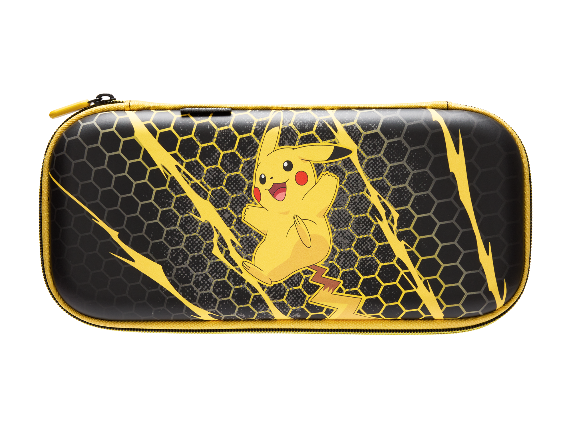 Eine schwarze Hülle mit Pikachu. Die Hülle hat einen gelben Reißverschluss und Akzente. Der Hintergrund hat ein Wabenmuster.
