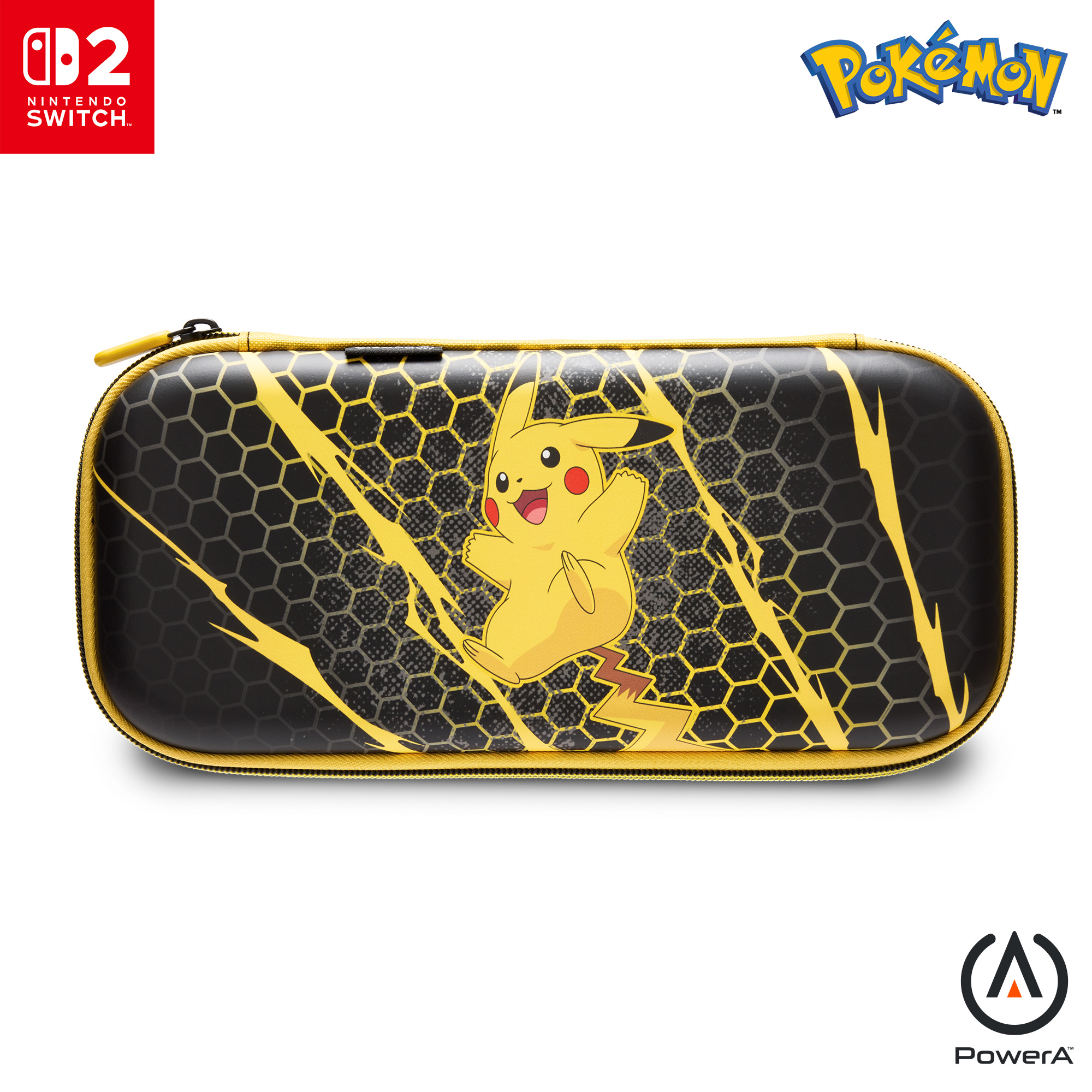 Eine schwarz-gelbe Nintendo Switch-Hülle mit Pikachu. Es hat ein sechseckiges Muster. Das Pokemon-Logo ist oben rechts.