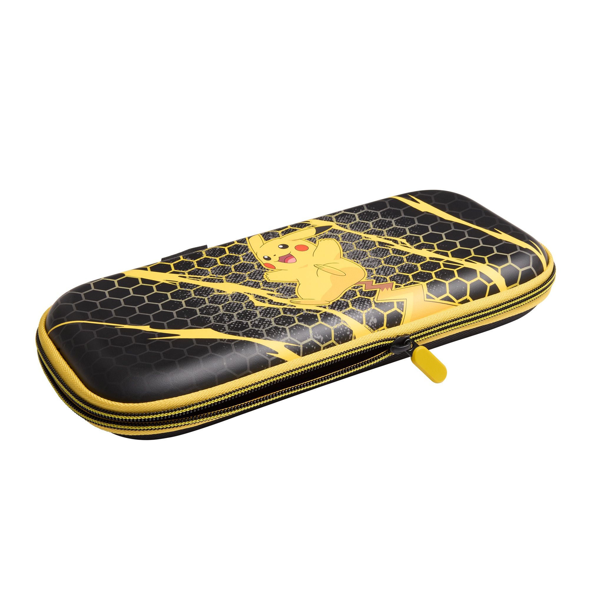 Schwarze und gelbe Hülle mit Pikachu-Design. Sie hat einen Reißverschluss und einen gelben Reißverschluss.