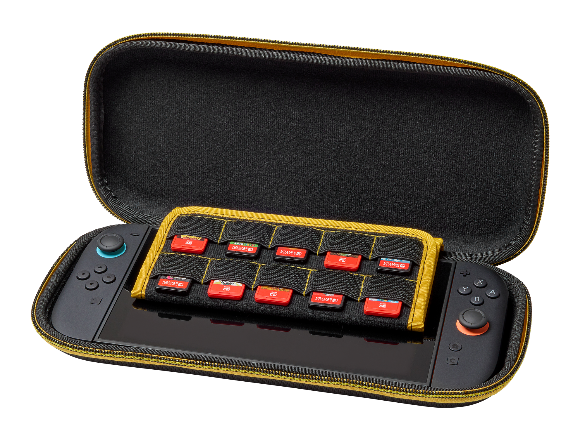 Eine schwarze Switch-Konsole befindet sich in einem gelb umrandeten Gehäuse. Im Inneren werden Spielkassetten von einem gelben Riemen gehalten.