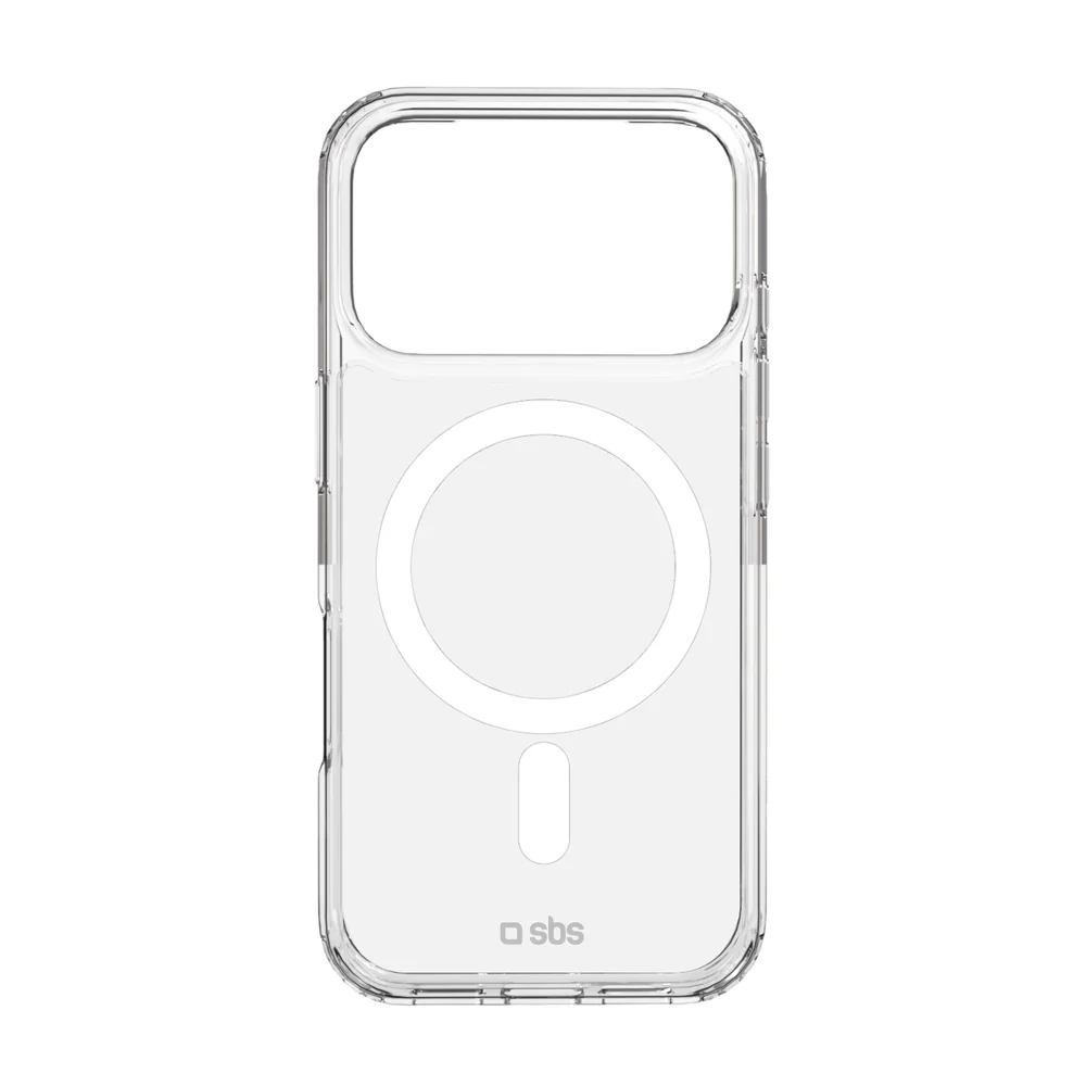 Transparente Handyhülle mit kreisförmigem Design und Kameraausschnitt. Das Markenlogo 'sbs' befindet sich unten.