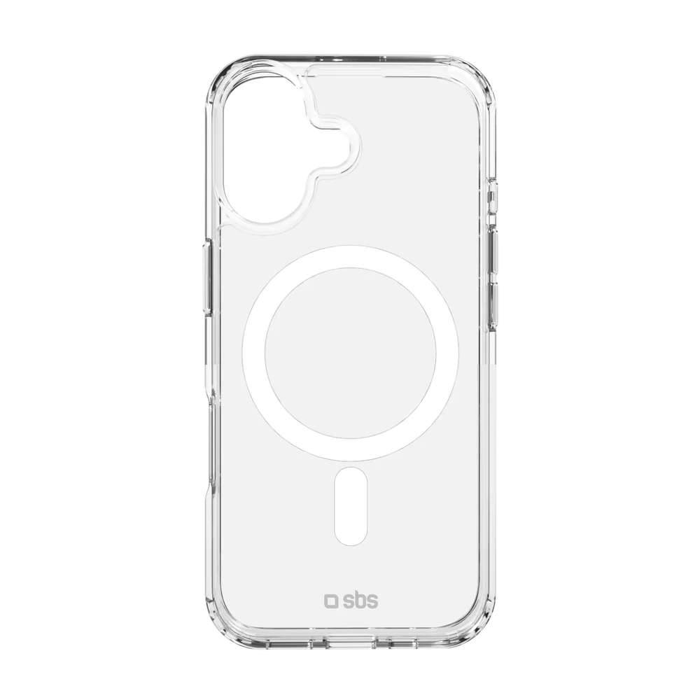 Eine klare, transparente Handyhülle. Sie hat Aussparungen für Kamera, Tasten und Ladeanschluss. Die Hülle hat ein weißes kreisförmiges Design in der Mitte.
