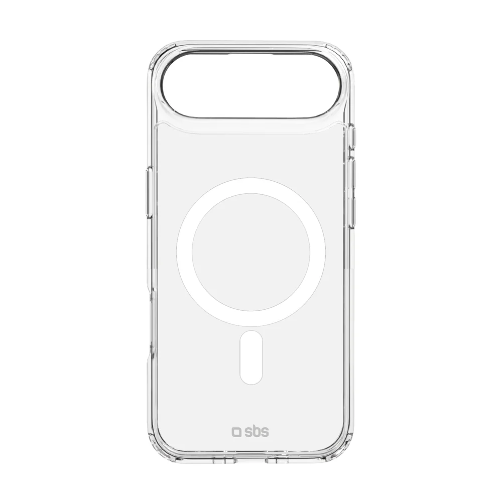 Eine transparente Handyhülle mit einem kreisförmigen Magnetring und einem unteren Oval sowie dem 'sbs'-Logo unten.