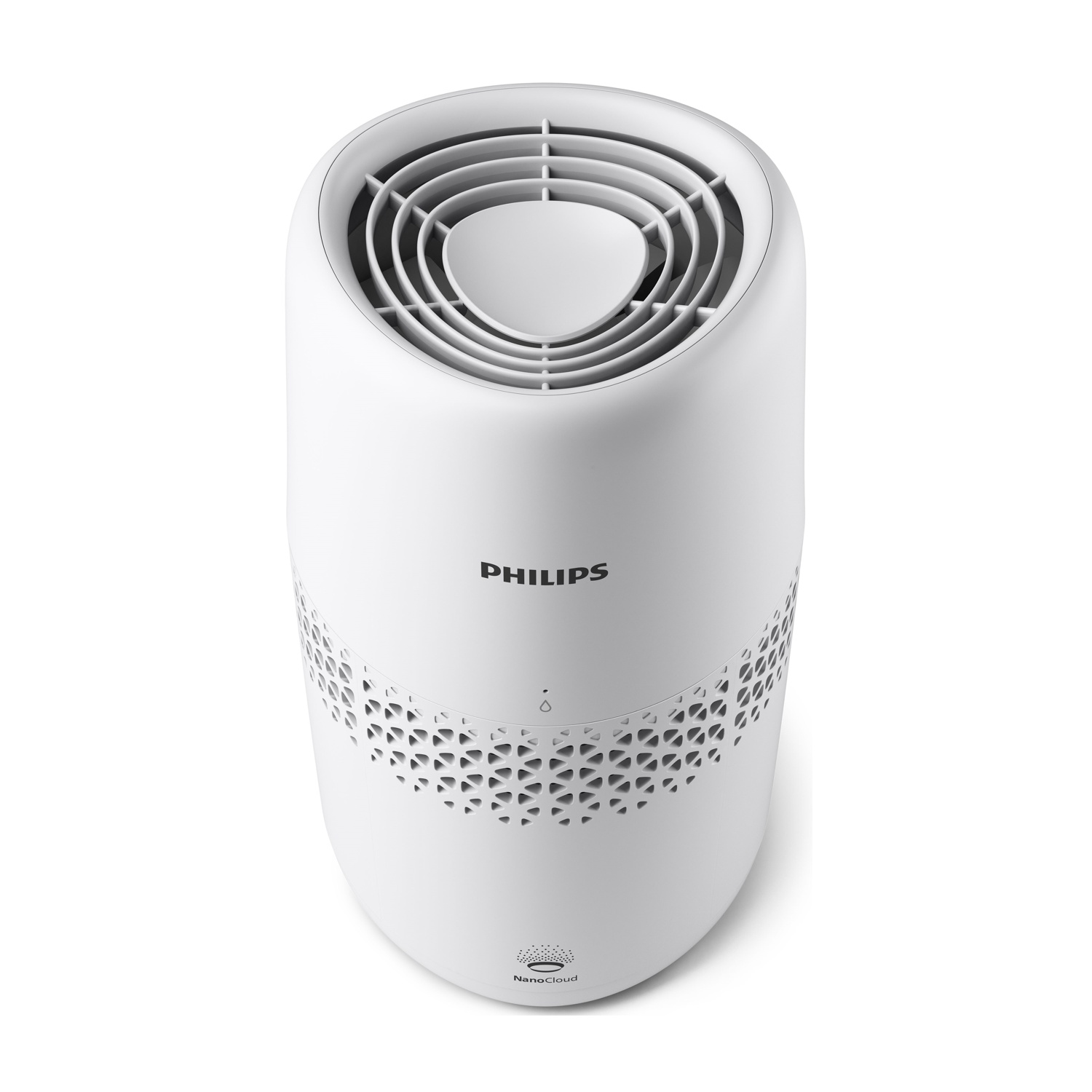 Un purificatore d'aria Philips bianco con un design cilindrico. Ha una griglia in alto e il logo NanoCloud in basso.