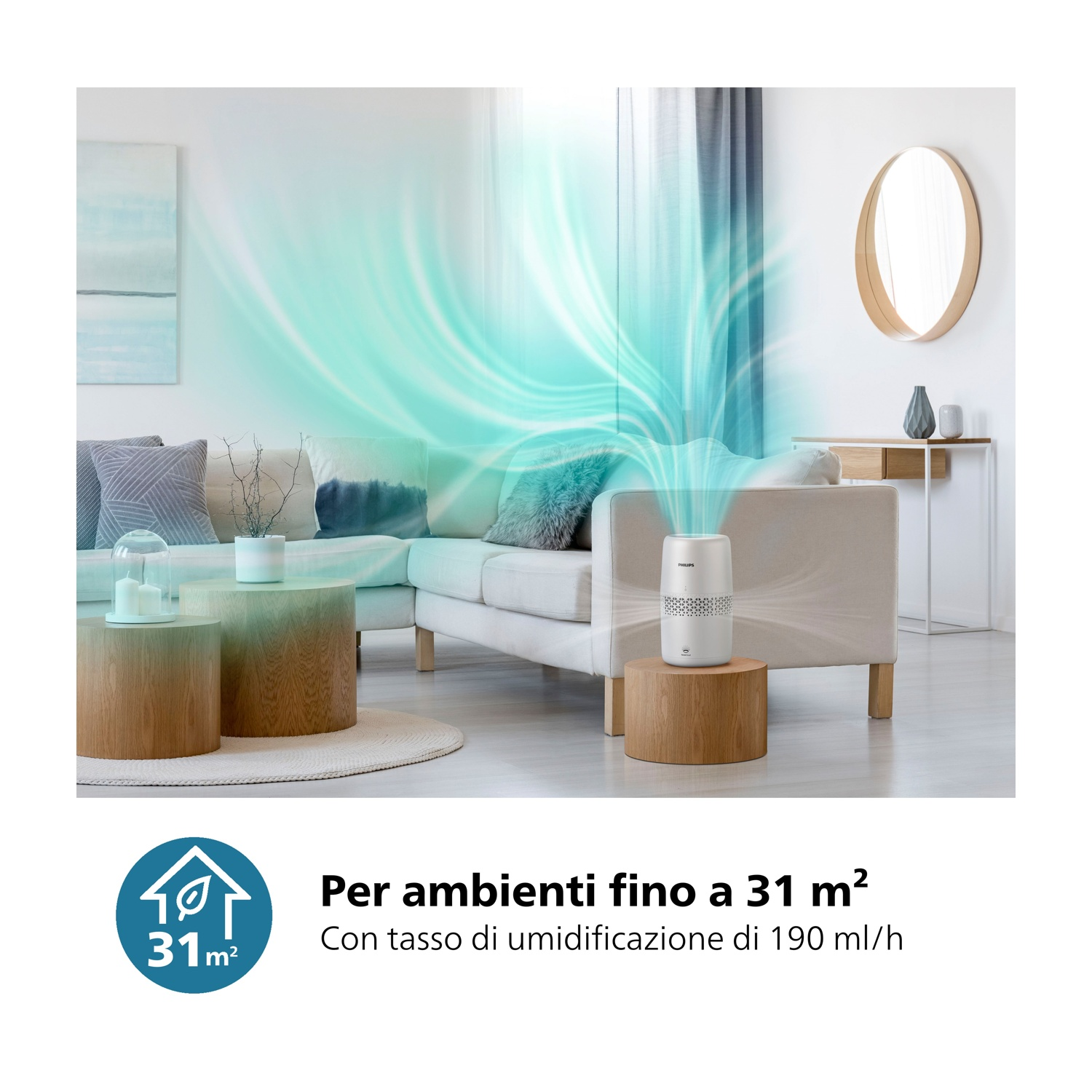 Un purificatore d'aria su un supporto di legno in un soggiorno. Sono visibili un divano, uno specchio rotondo e tavolini. L'aria si muove.
