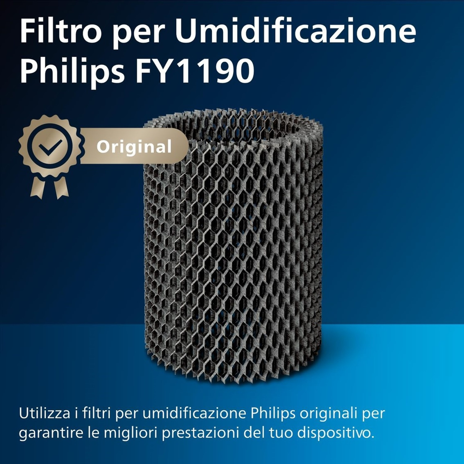 Un filtro umidificatore cilindrico con un motivo a nido d'ape, davanti a uno sfondo blu sfumato. Il testo dice 'Philips FY1190'.