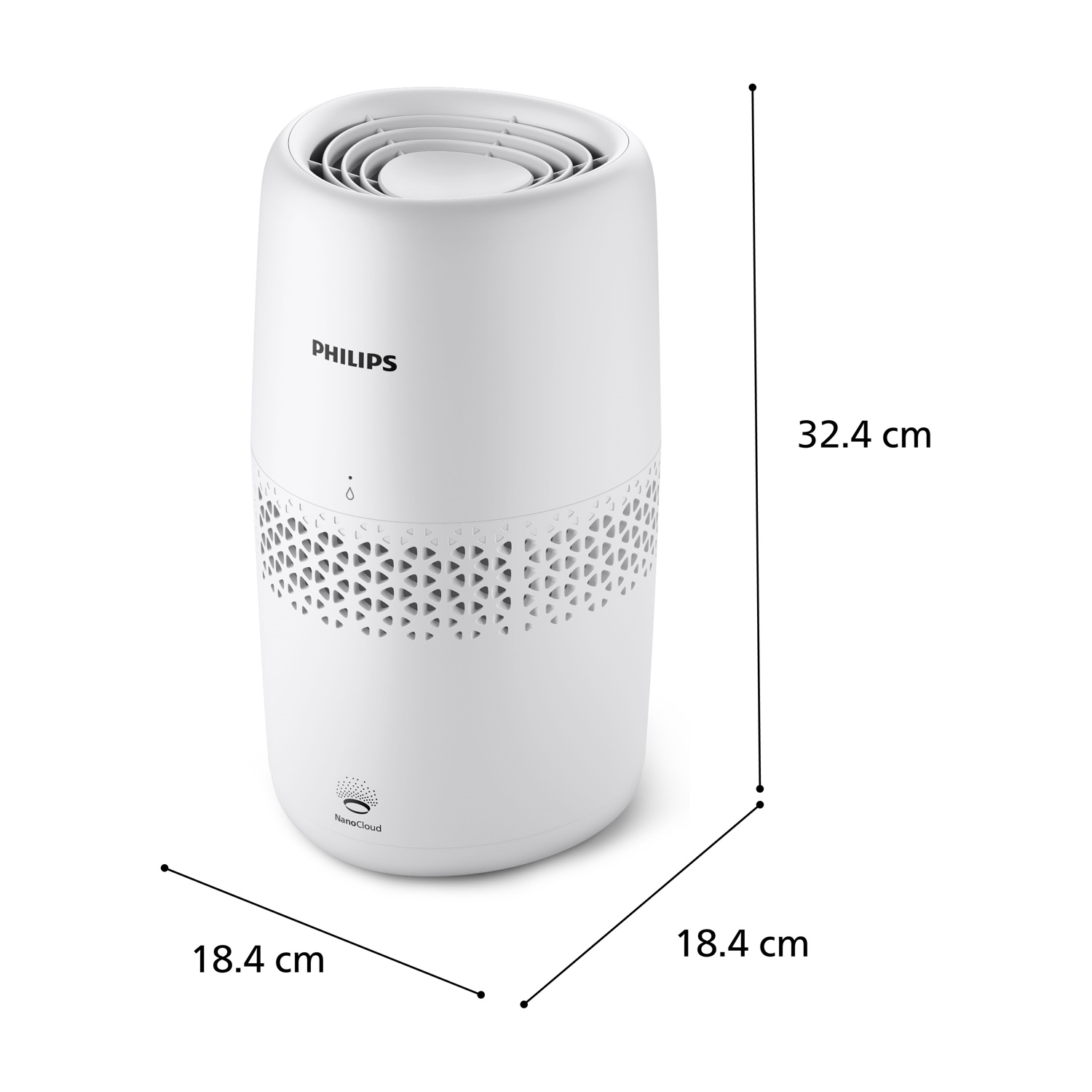 Purificatore d'aria Philips bianco, forma cilindrica. Dimensioni: 18,4 cm x 18,4 cm x 32,4 cm. Con tecnologia NanoCloud.